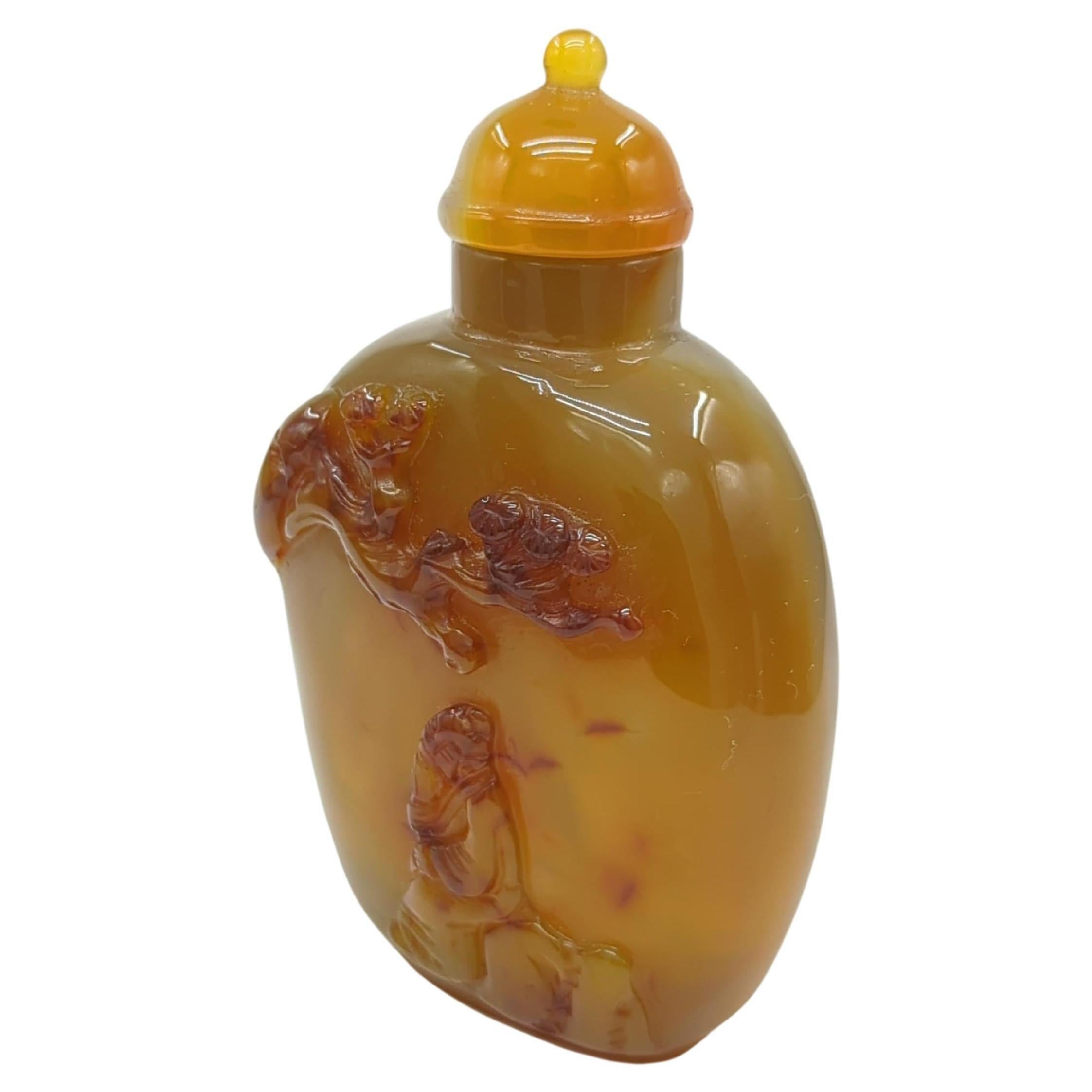 Antique Chinese Shadow Agate Cameo Relief Carved Snuff Bottle Scholar Qing 19c In Good Condition For Sale In Richmond, CA