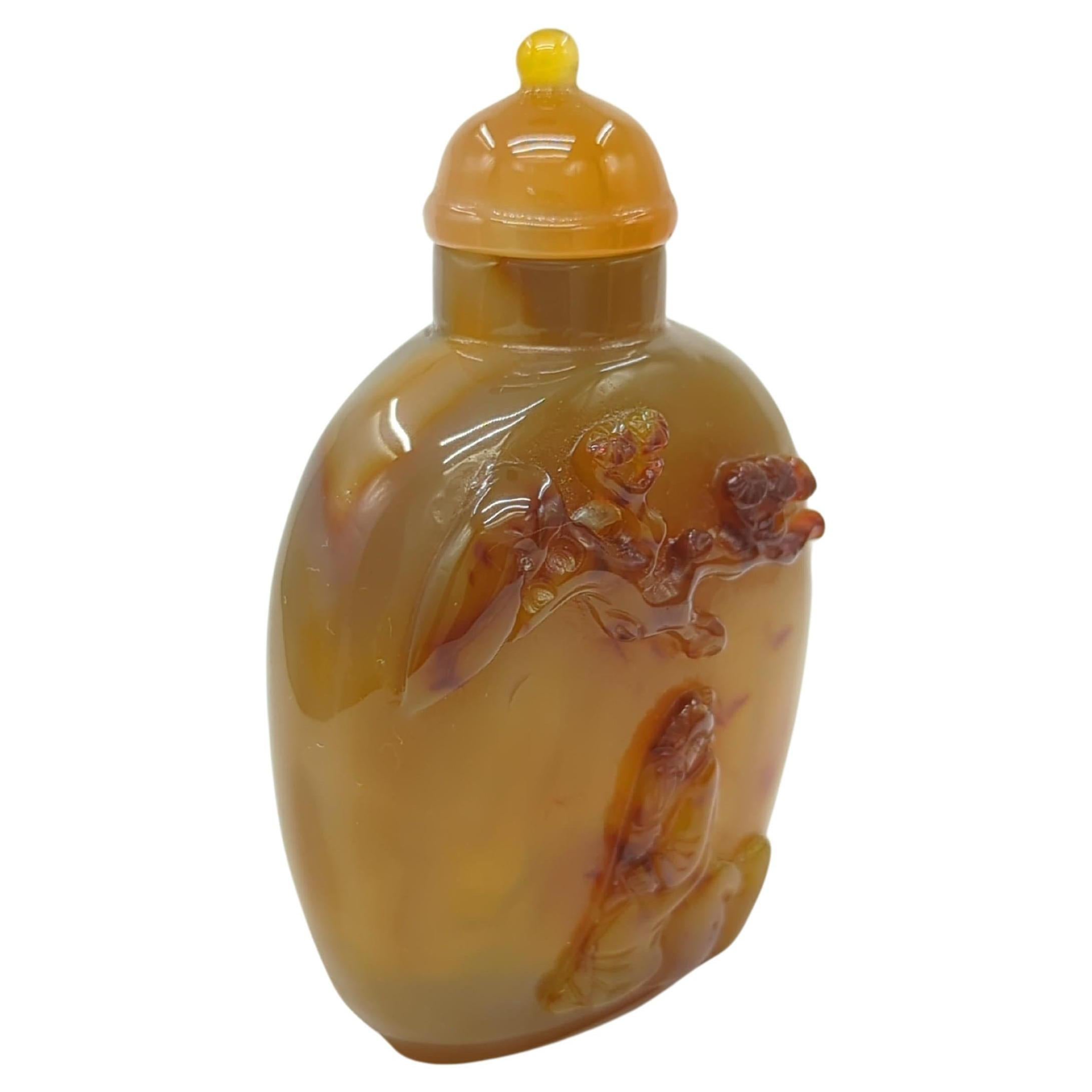 19th Century Antique Chinese Shadow Agate Cameo Relief Carved Snuff Bottle Scholar Qing 19c For Sale