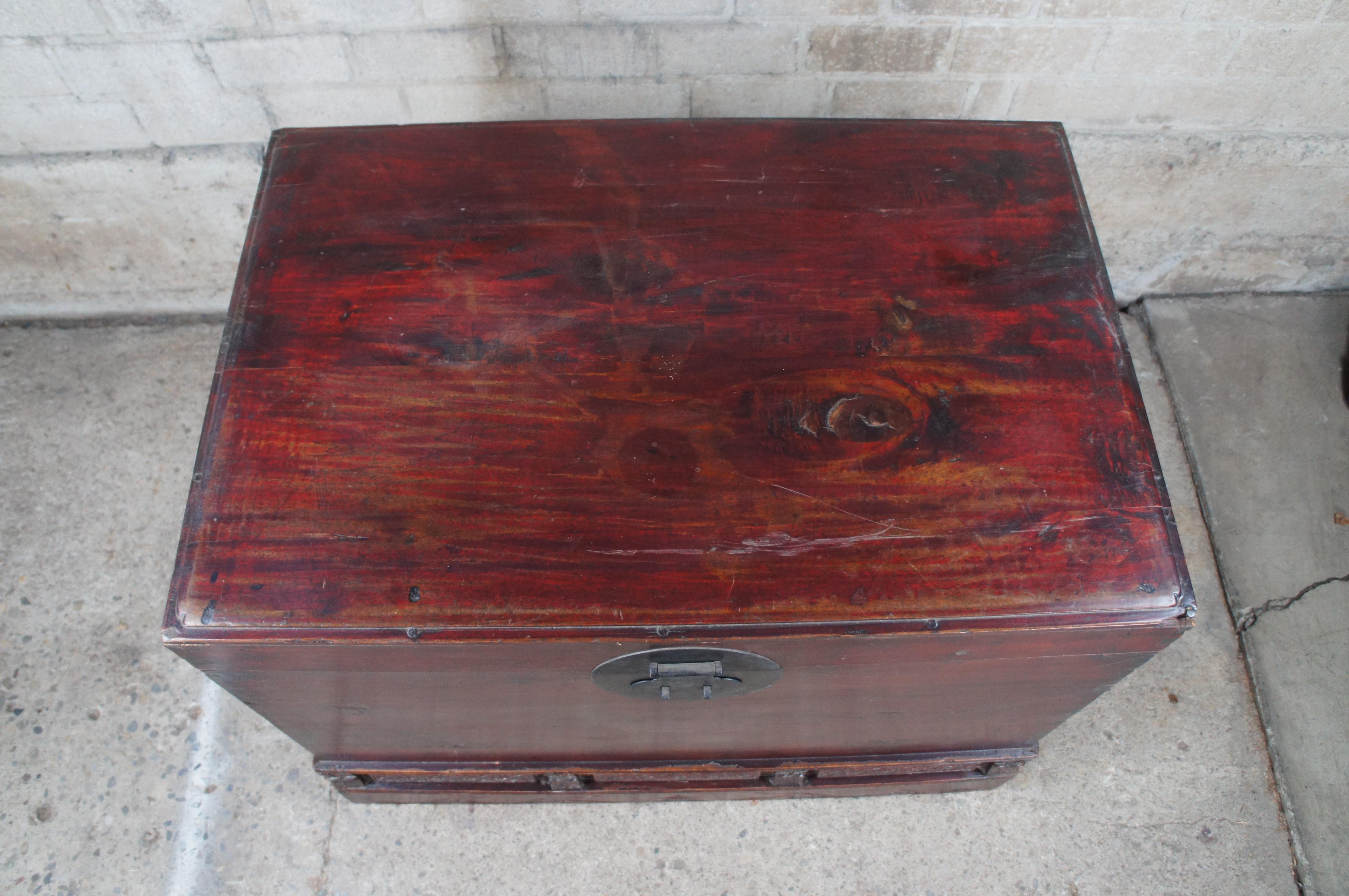 Antique Chinese Shandong Ming Style Red Lacquer Elm Carved Chest Storage Trunk For Sale 1