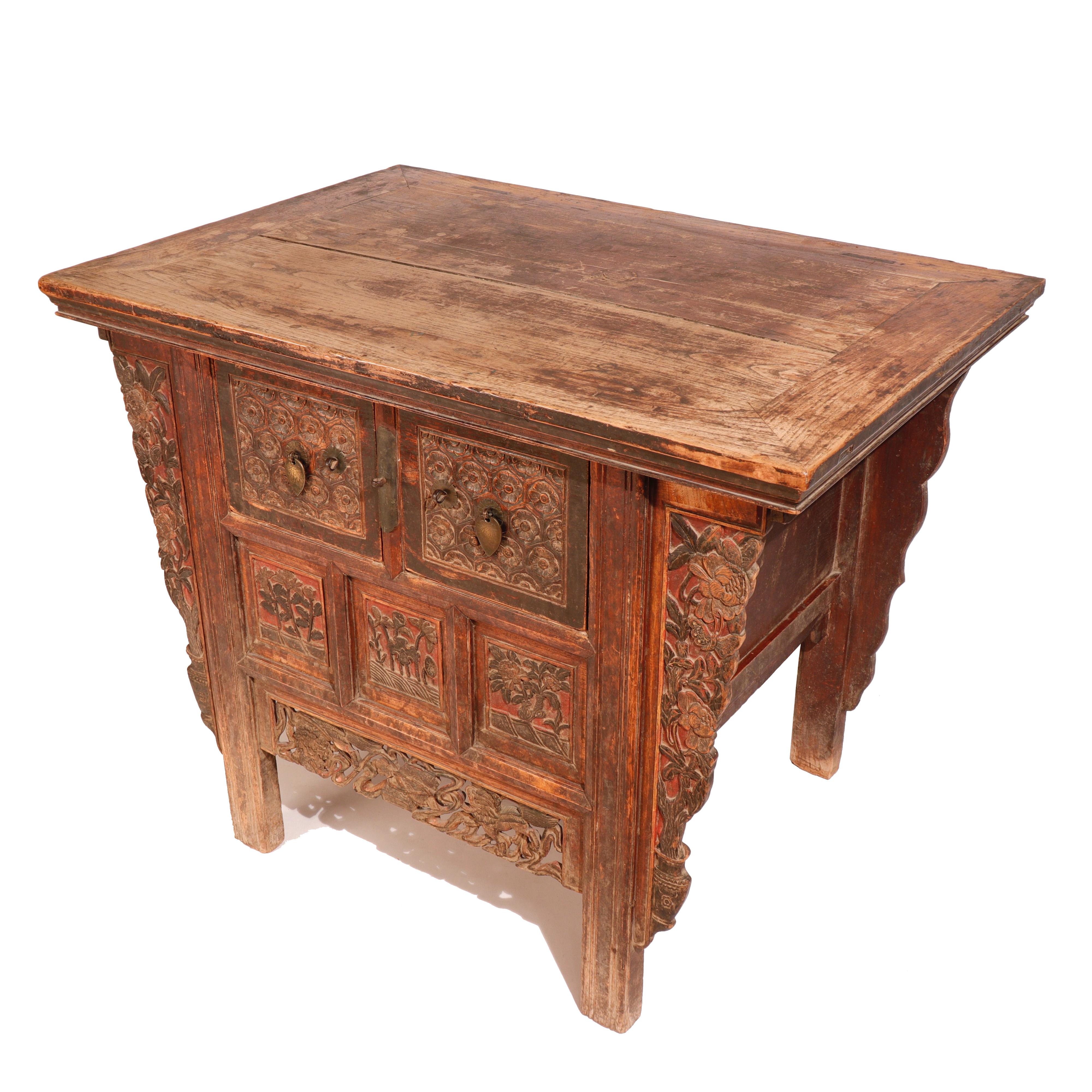 Carved Antique Chinese Shanxi 2 - Drawer Cabinet For Sale