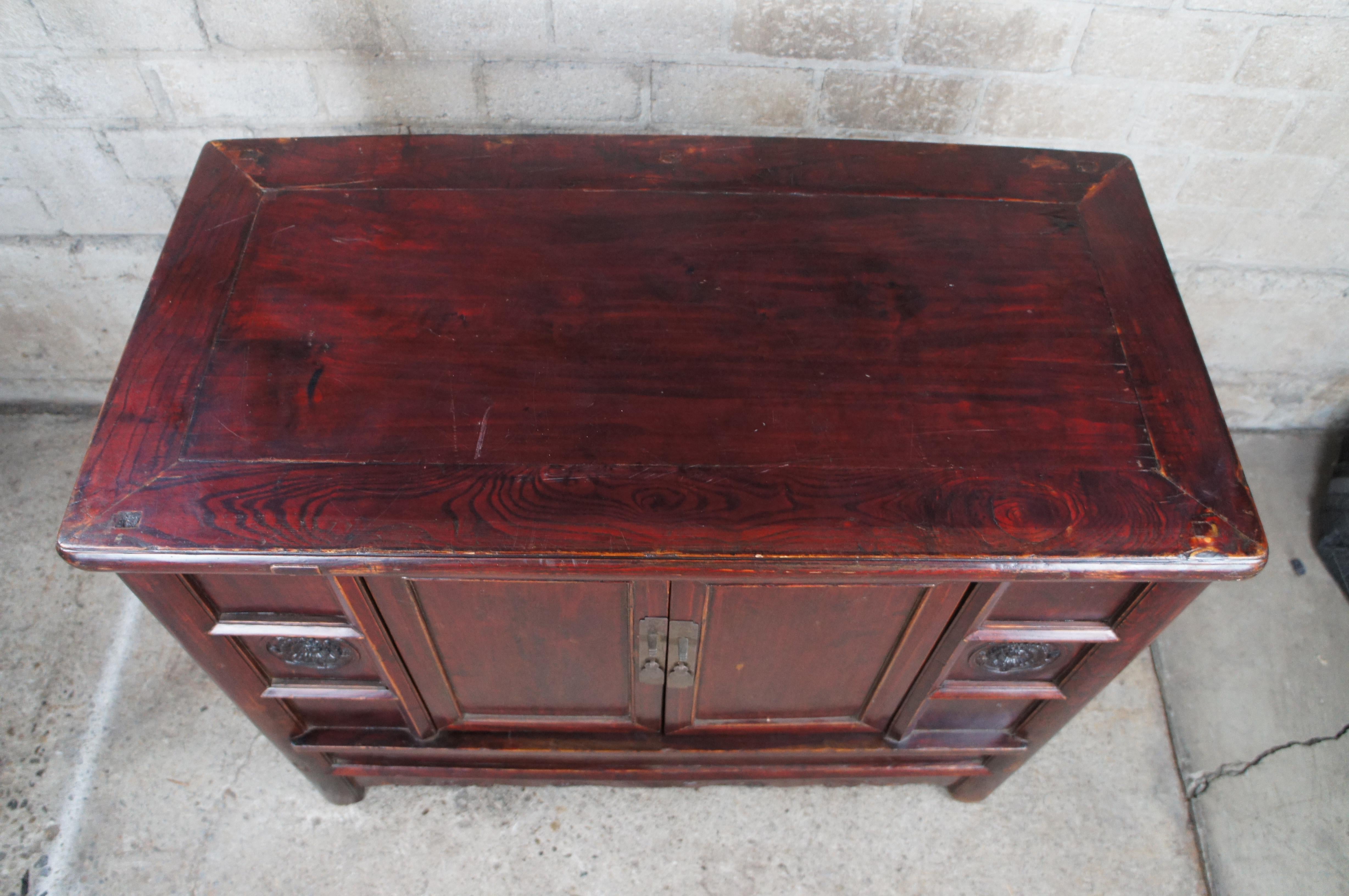 Late 19th Century Antique Chinese Shanxi Ming Red Lacquer Elm Carved Chest Storage Trunk Sideboard For Sale