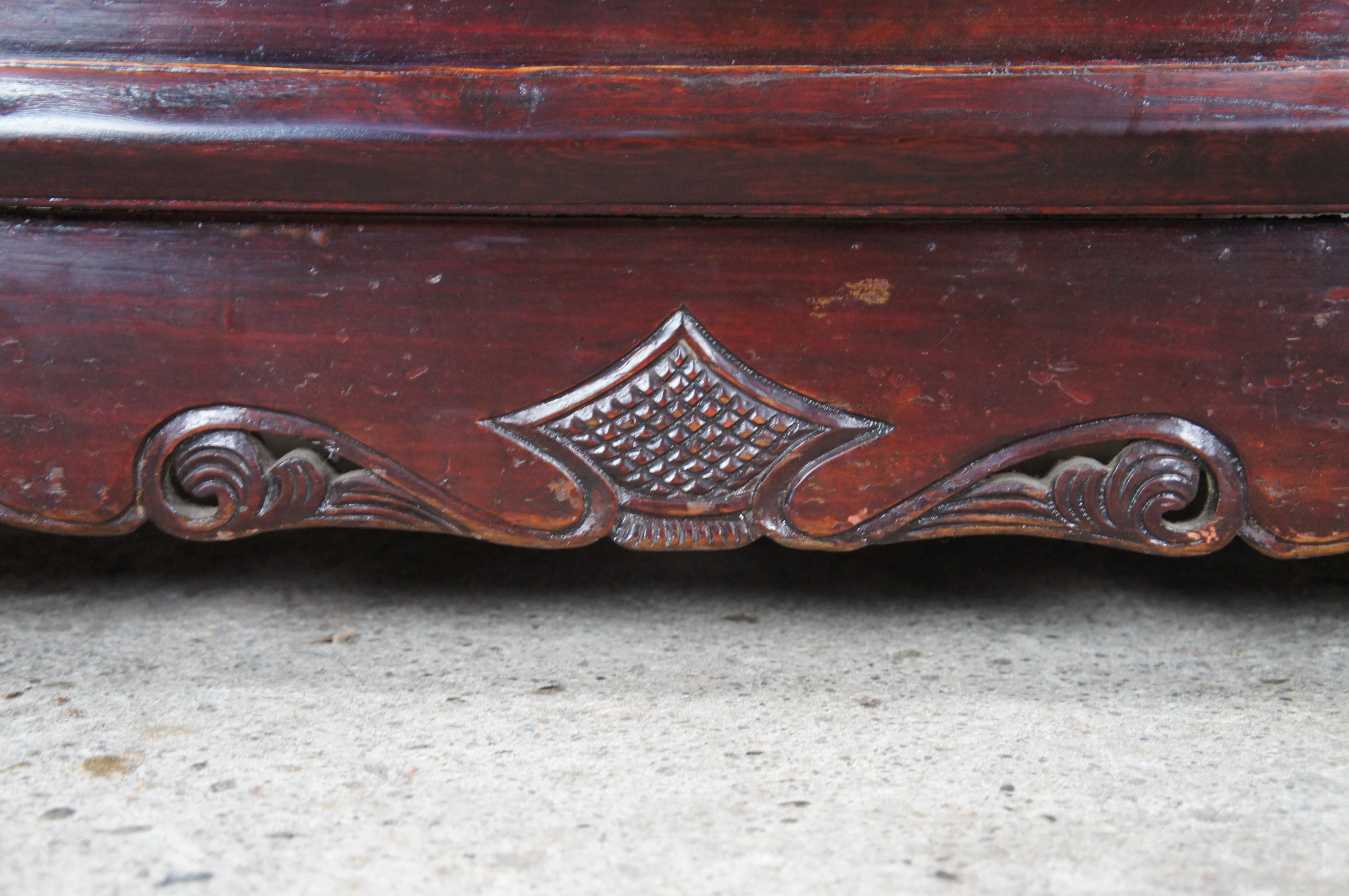 Antique Chinese Shanxi Ming Red Lacquer Elm Carved Chest Storage Trunk Sideboard For Sale 3
