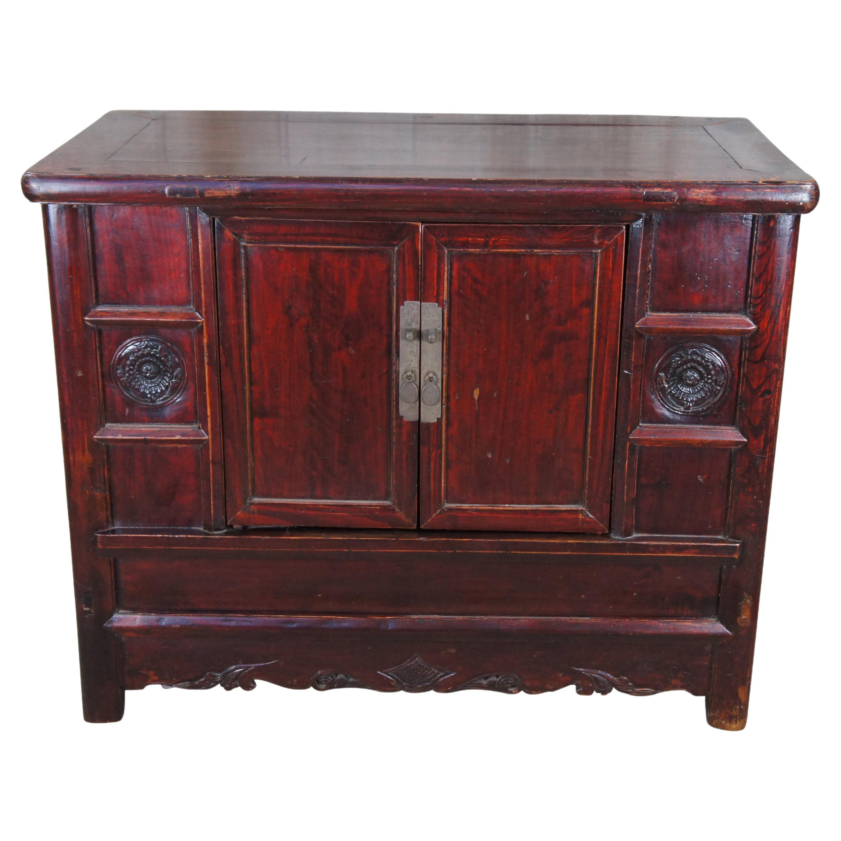 Antique Chinese Shanxi Ming Red Lacquer Elm Carved Chest Storage Trunk Sideboard For Sale