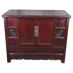 Antique Chinese Shanxi Ming Red Lacquer Elm Carved Chest Storage Trunk Sideboard