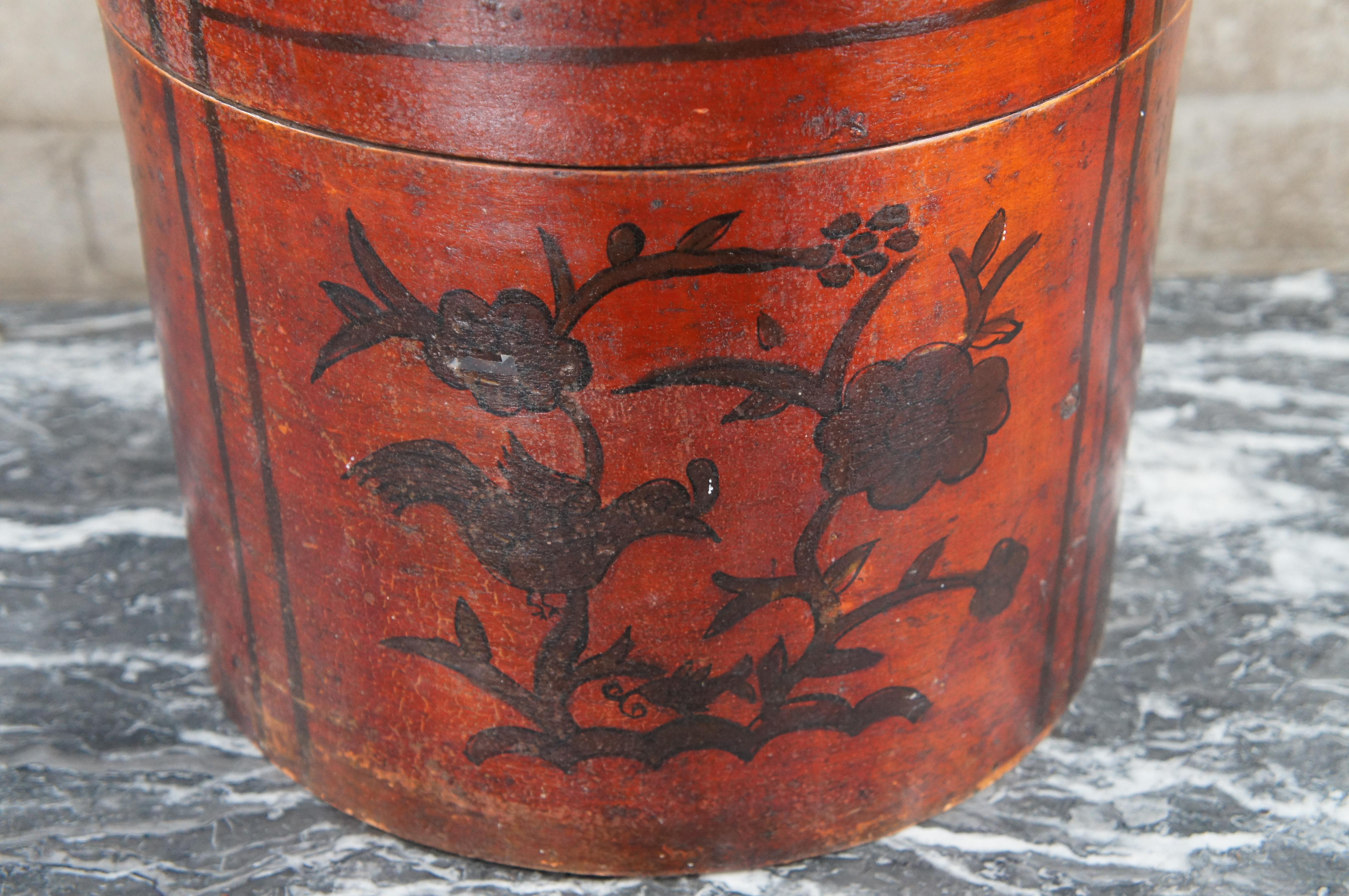 20th Century Antique Chinese Shanxi Red Lacquer Poplar Floral Painted Bentwood Hat Tea Box For Sale