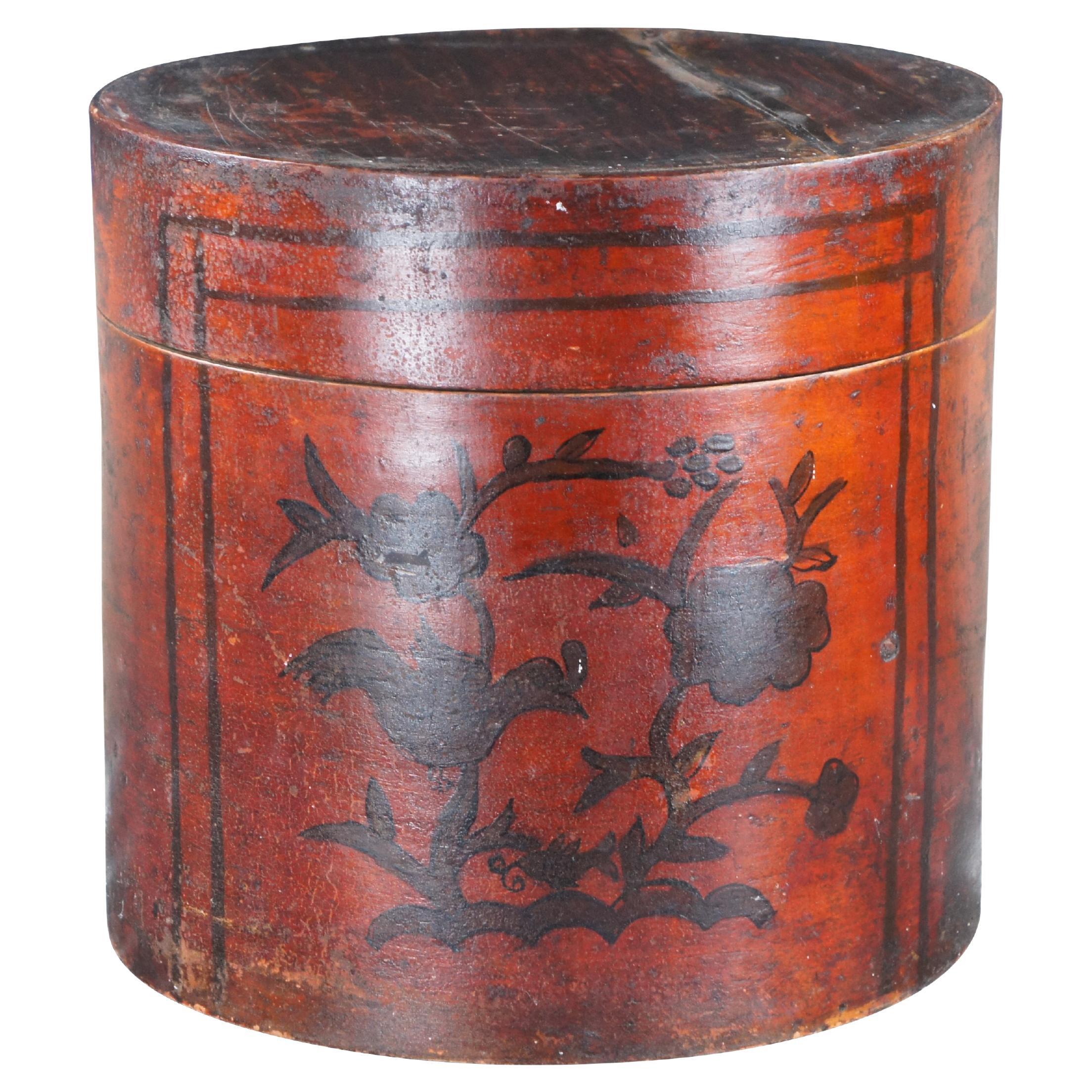 Antique Chinese Shanxi Red Lacquer Poplar Floral Painted Bentwood Hat Tea Box For Sale