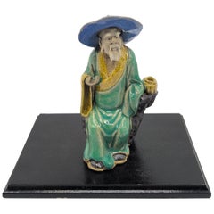 Antique Chinese Shiwan Mudman Seated Fisherman Figure Lt.Qing to Republic c.1900