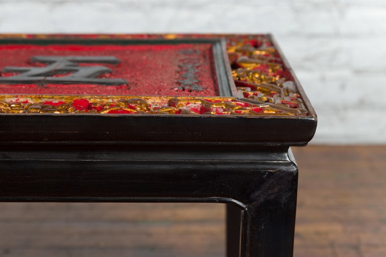 Antique Chinese Shop Sign with Calligraphy Made into a Black Coffee Table For Sale 1