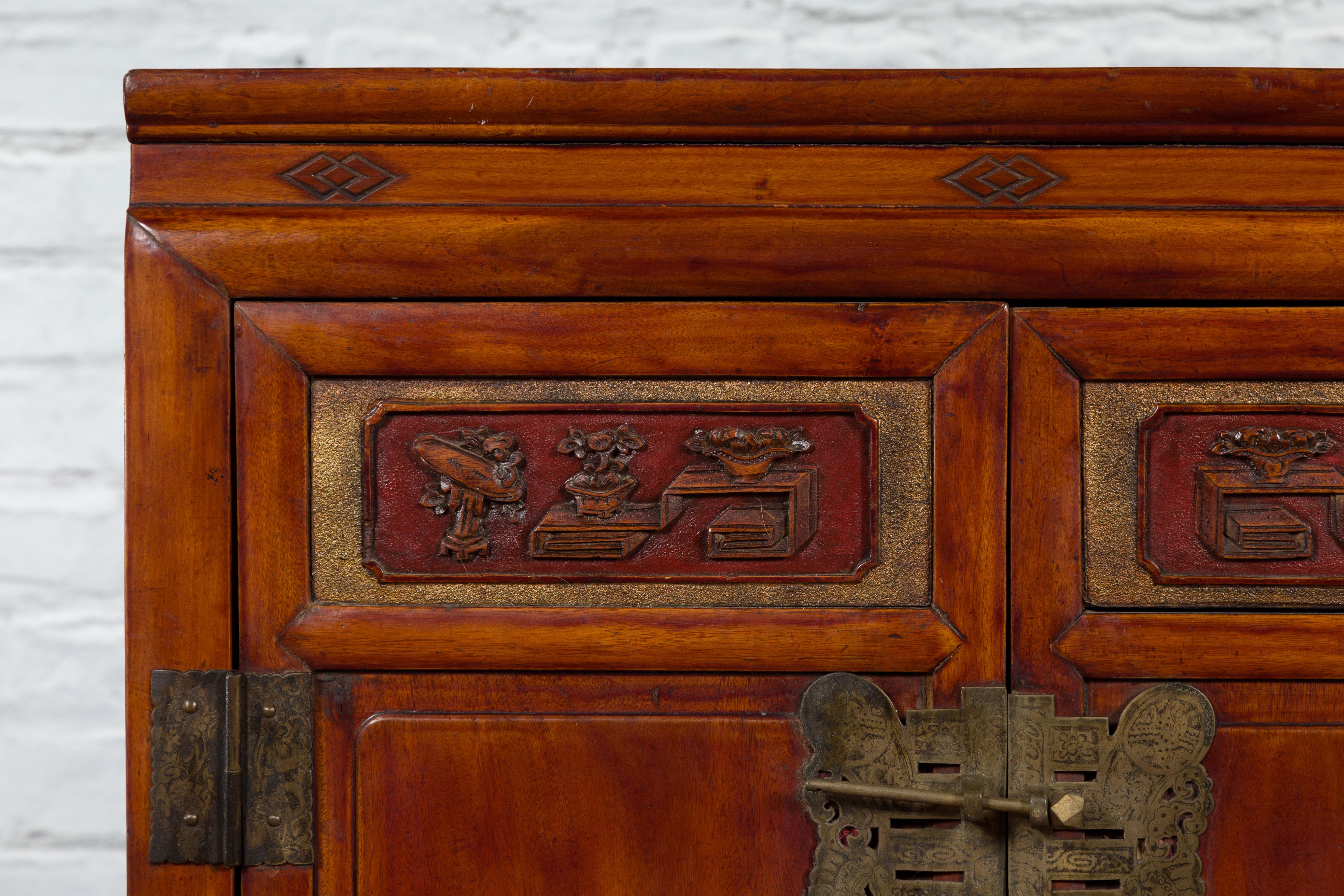 Antique Chinese Side Cabinet with Carved Panels, Gilt Accents and Hidden Drawers For Sale 6