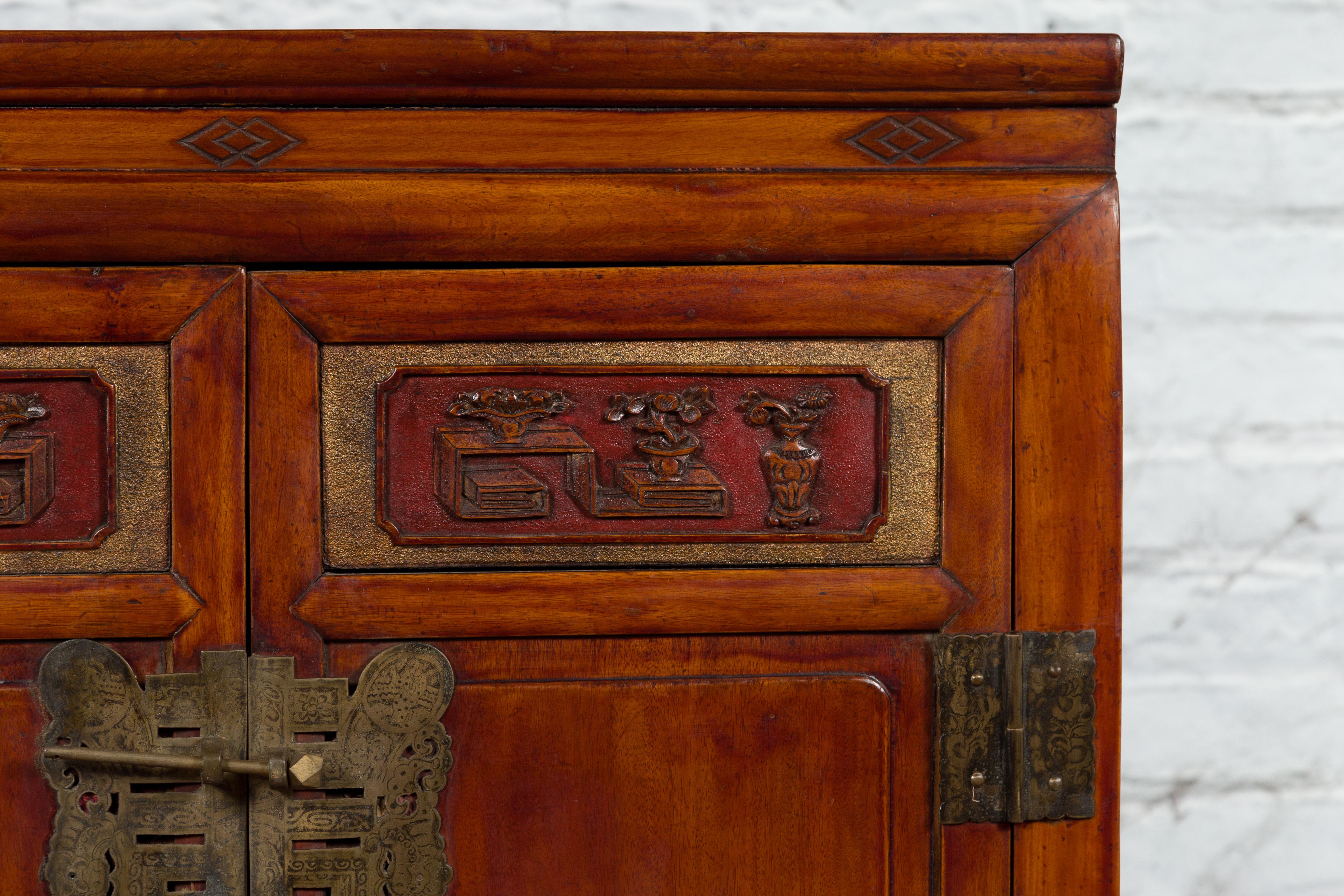 Antique Chinese Side Cabinet with Carved Panels, Gilt Accents and Hidden Drawers For Sale 7