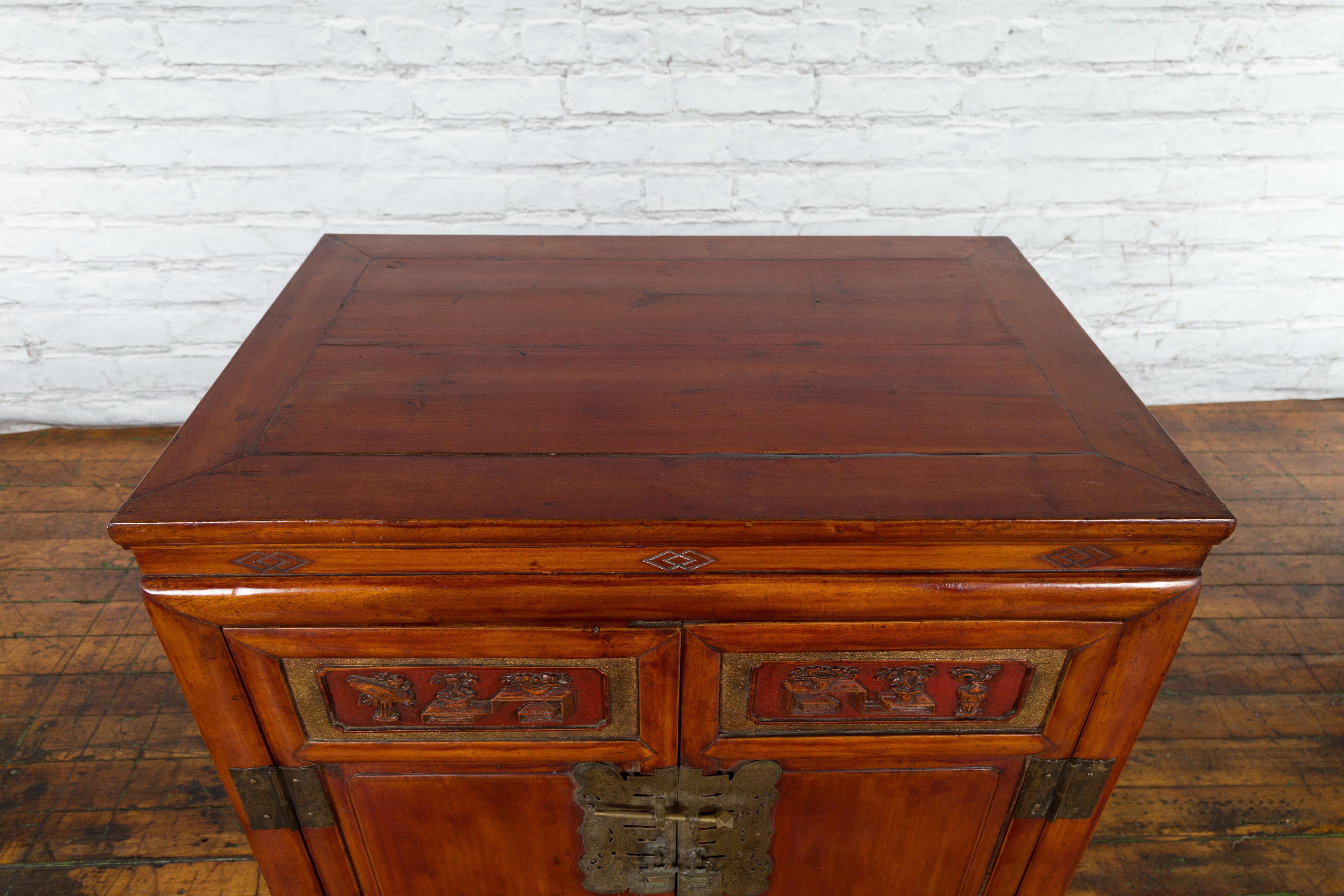 Antique Chinese Side Cabinet with Carved Panels, Gilt Accents and Hidden Drawers For Sale 10