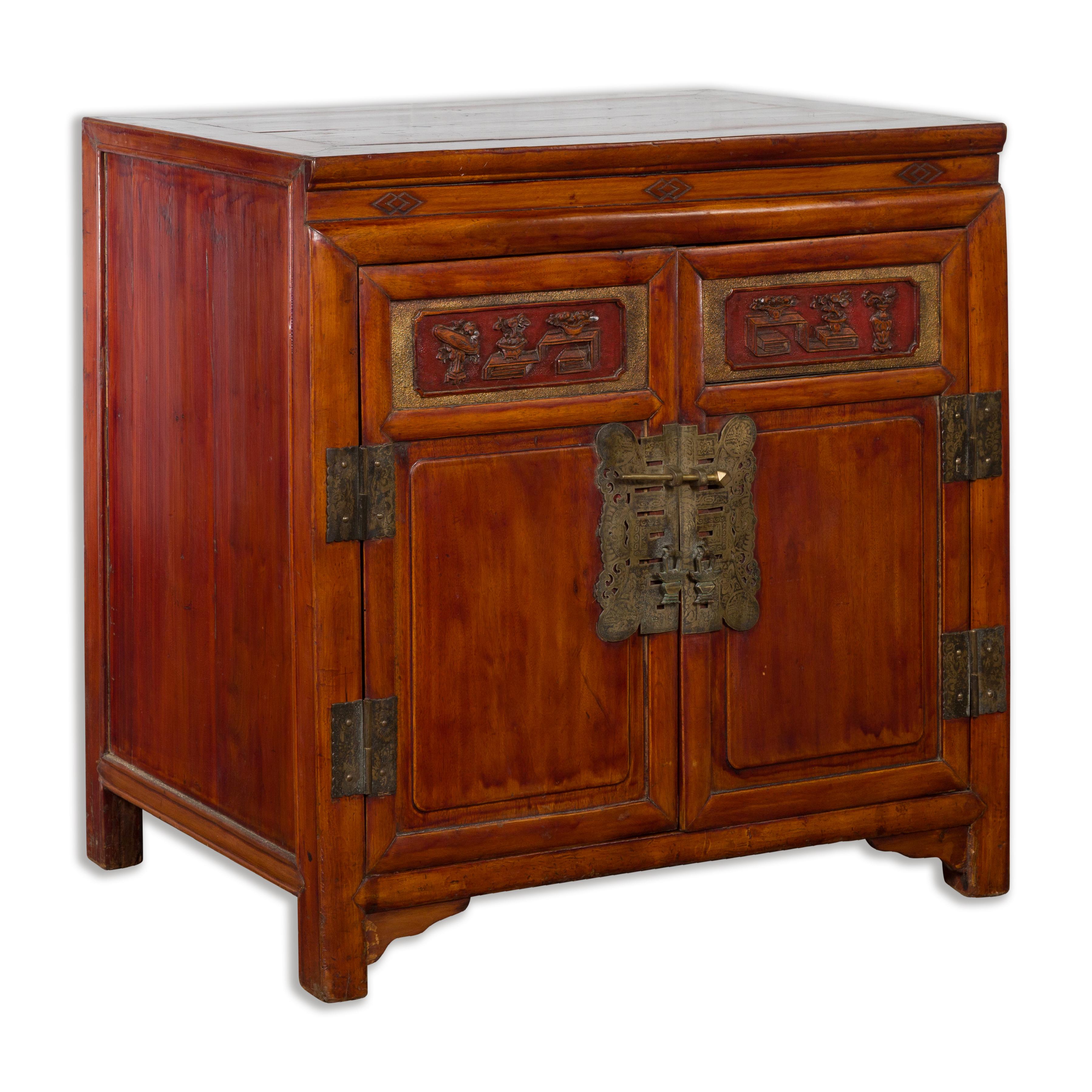 Antique Chinese Side Cabinet with Carved Panels, Gilt Accents and Hidden Drawers For Sale 15