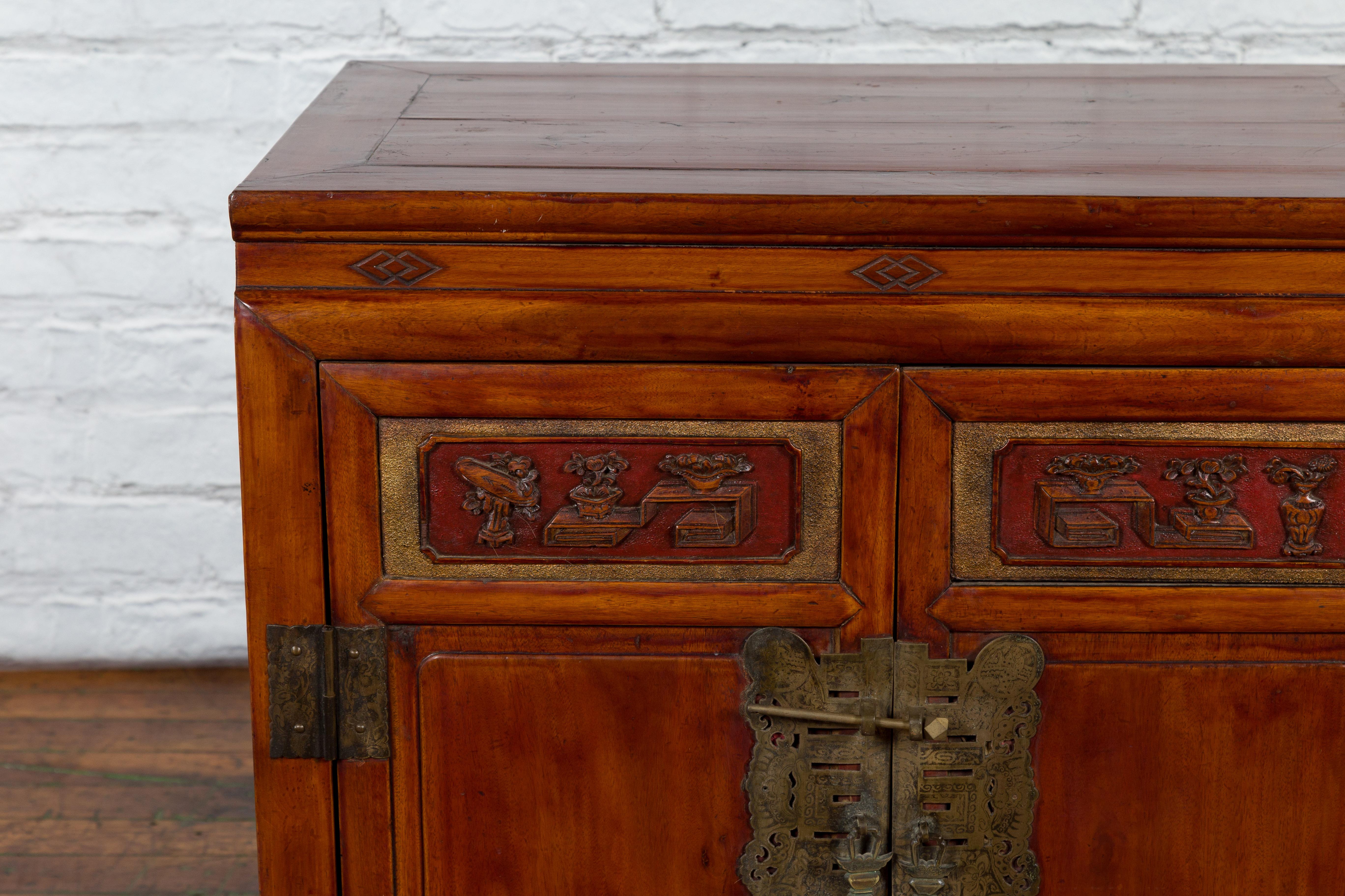 Antique Chinese Side Cabinet with Carved Panels, Gilt Accents and Hidden Drawers For Sale 2
