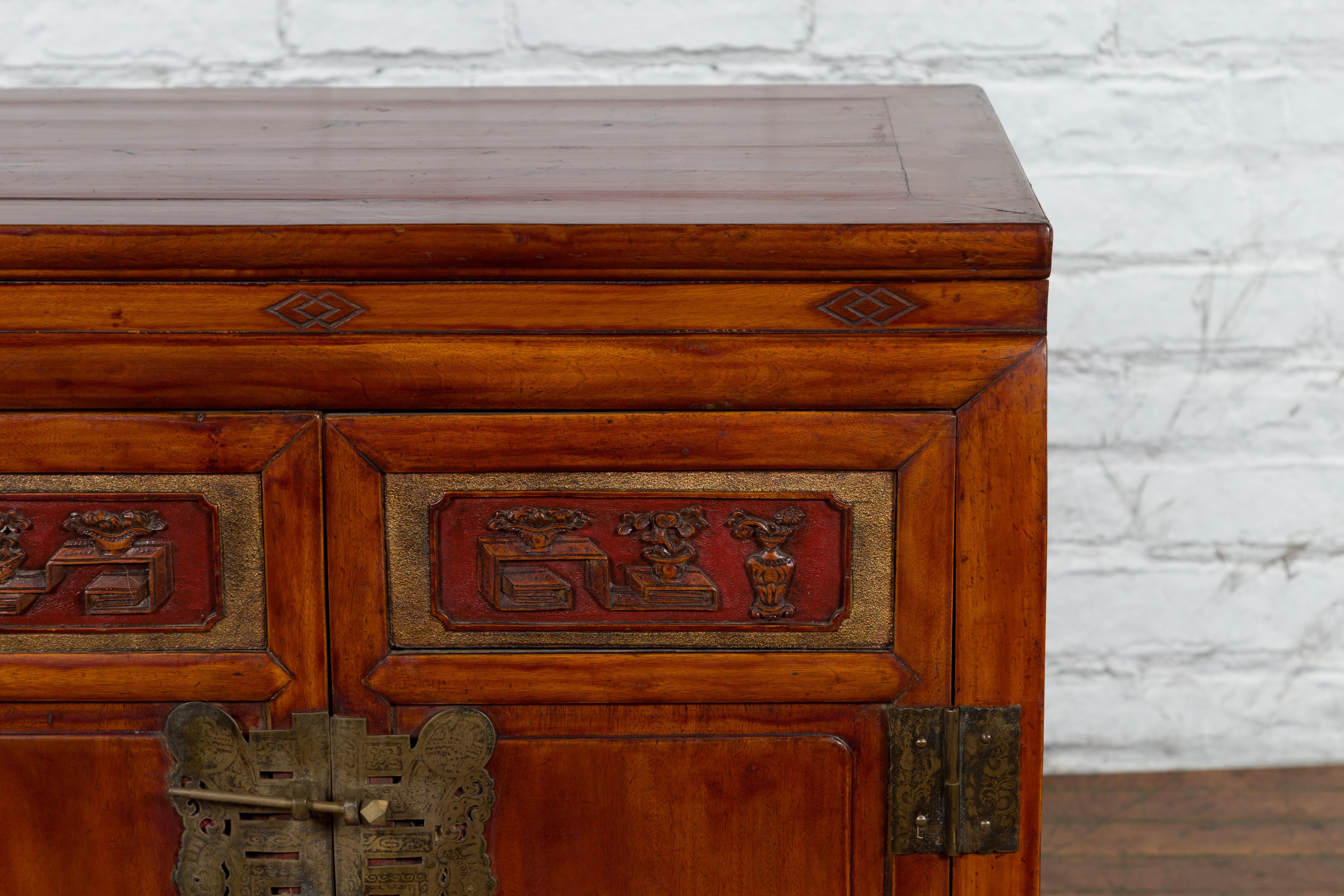 Antique Chinese Side Cabinet with Carved Panels, Gilt Accents and Hidden Drawers For Sale 3