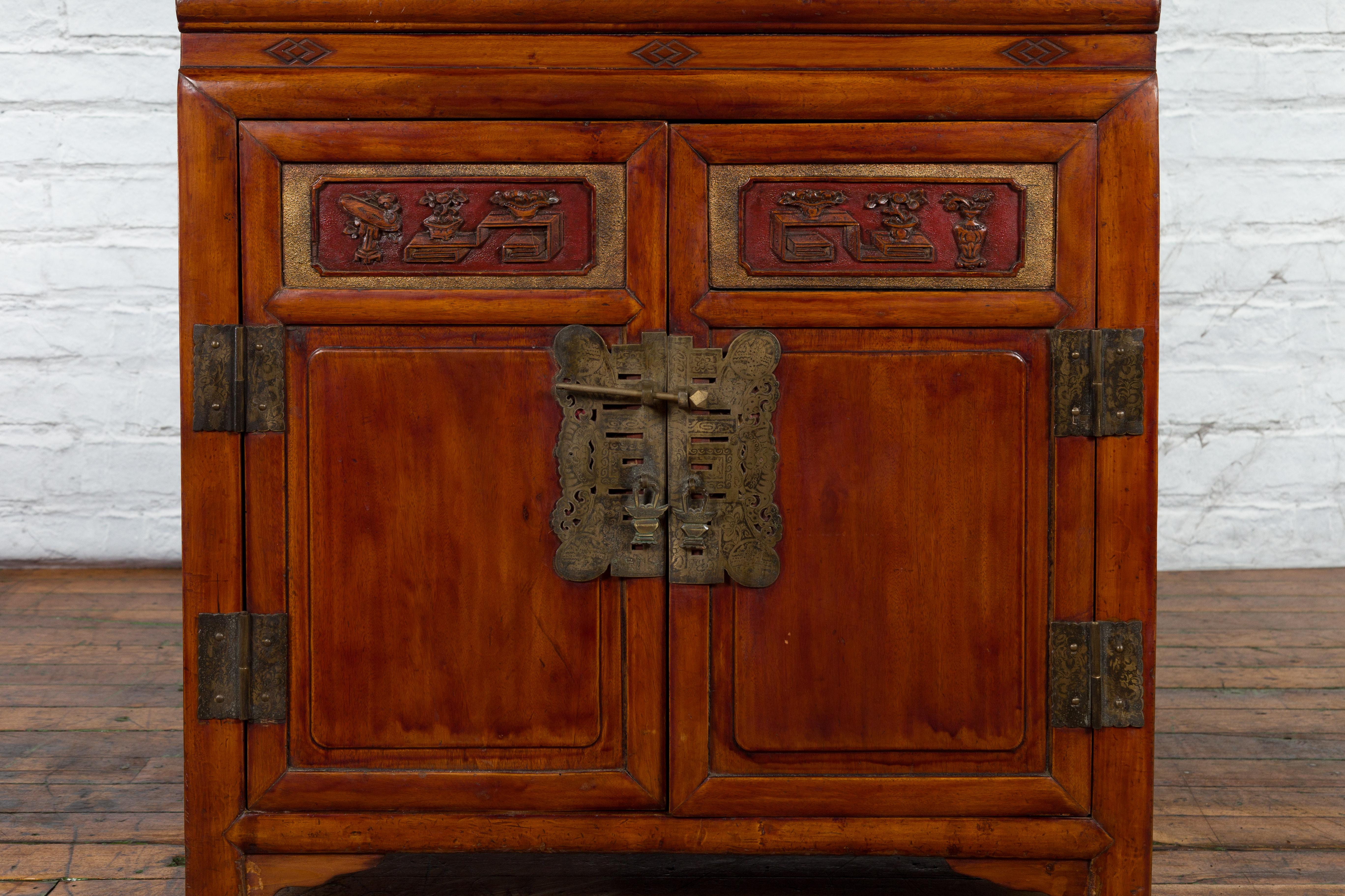 Antique Chinese Side Cabinet with Carved Panels, Gilt Accents and Hidden Drawers For Sale 4