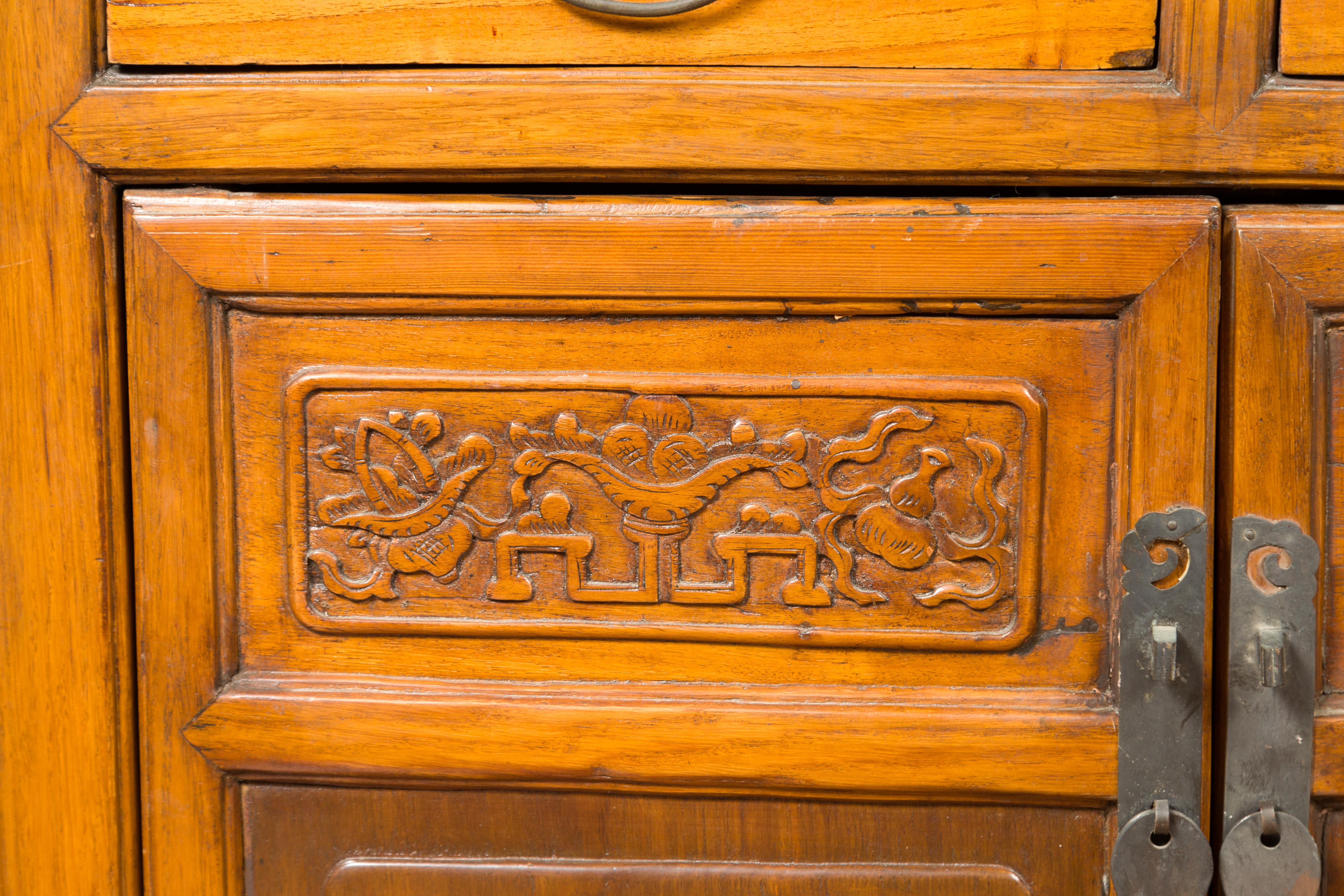 Wood Qing Dynasty Side Chest with Carved Motifs, Two Drawers and Double Doors For Sale