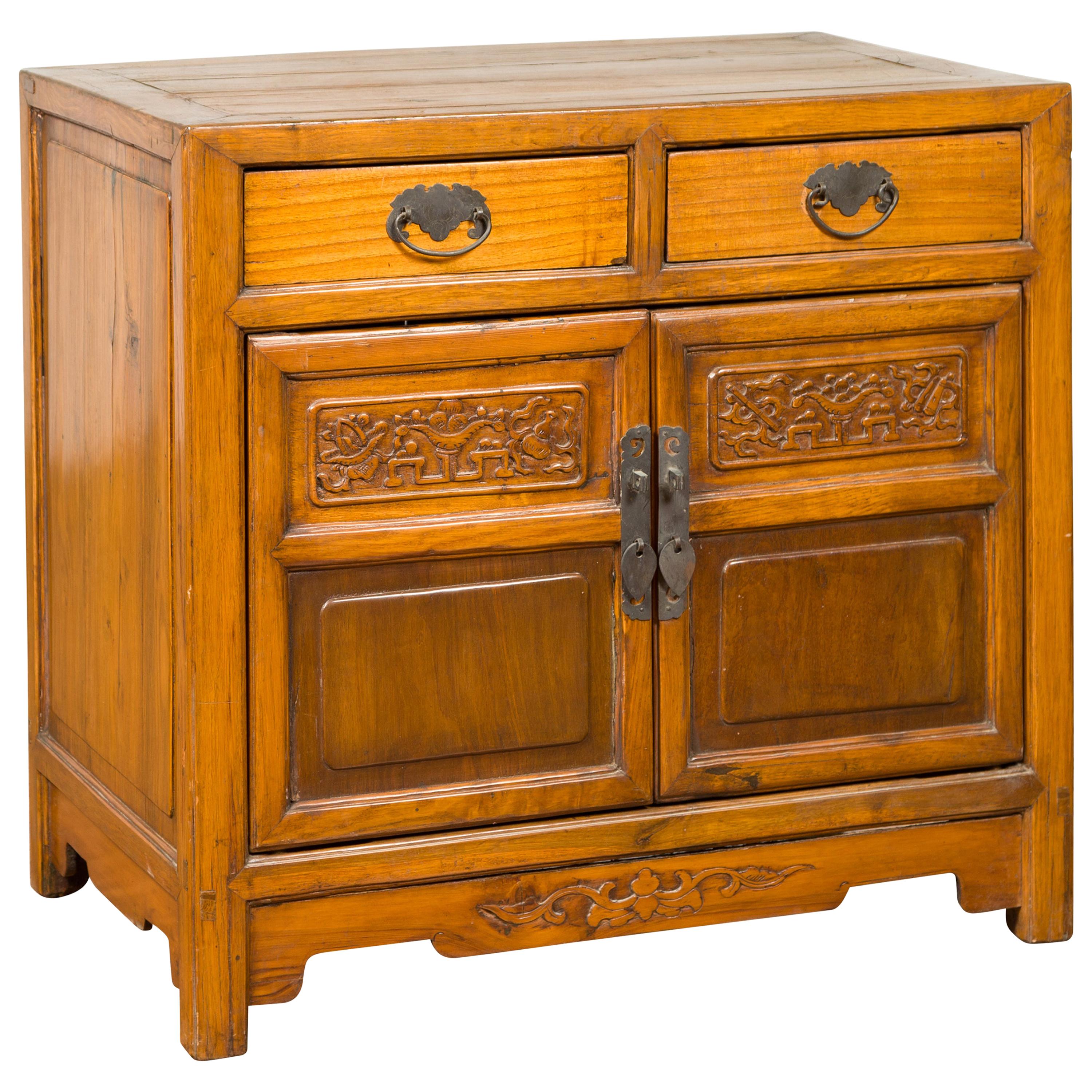 Antique Chinese Side Chest with Carved Motifs, Two Drawers and Double Doors