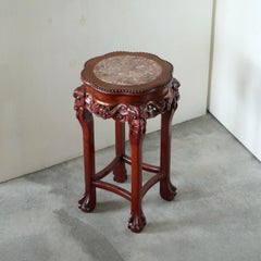 Antique Chinese Side Table in Carved Wood and Marble