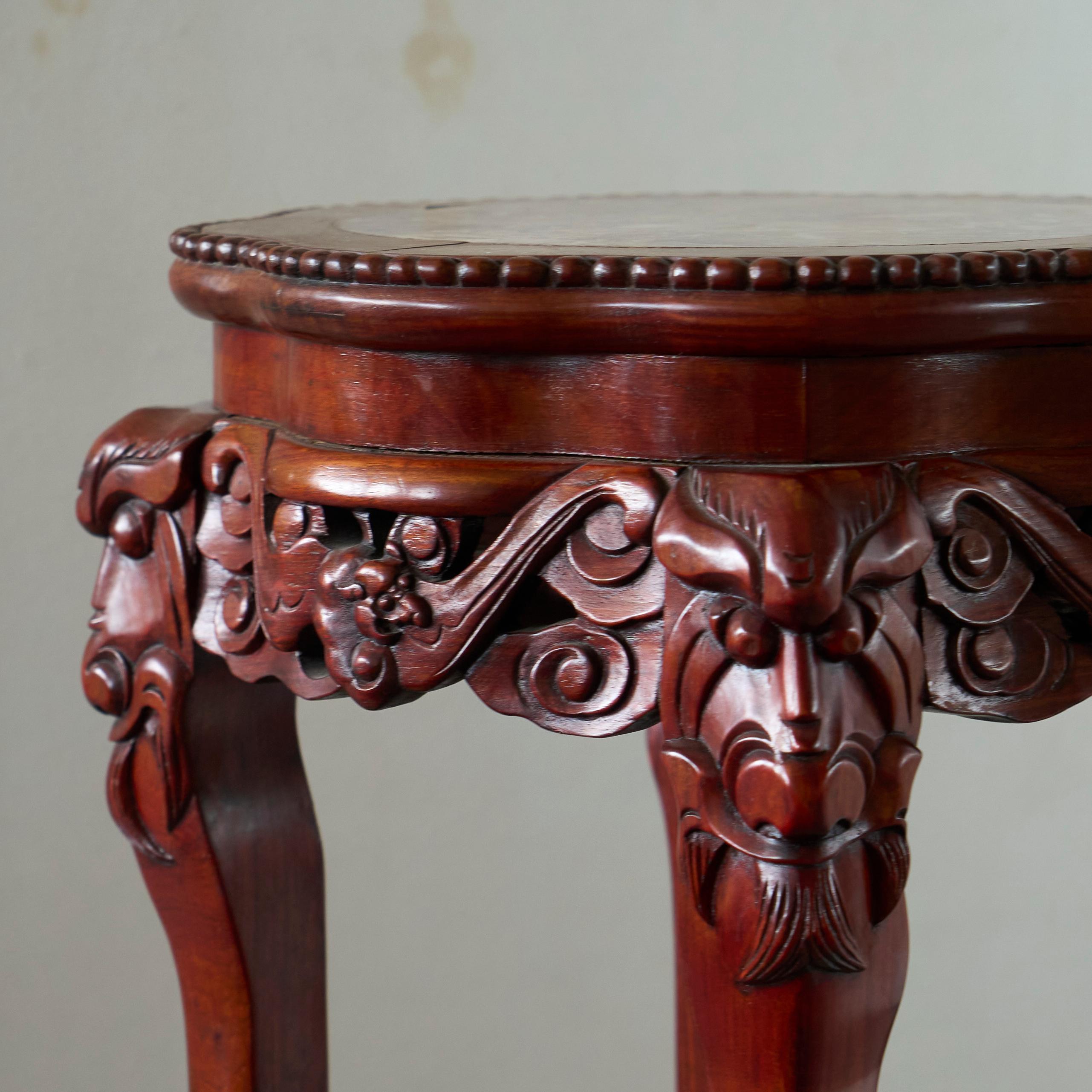 Hand-Crafted Antique Chinese Side Table in Carved Wood and Marble For Sale