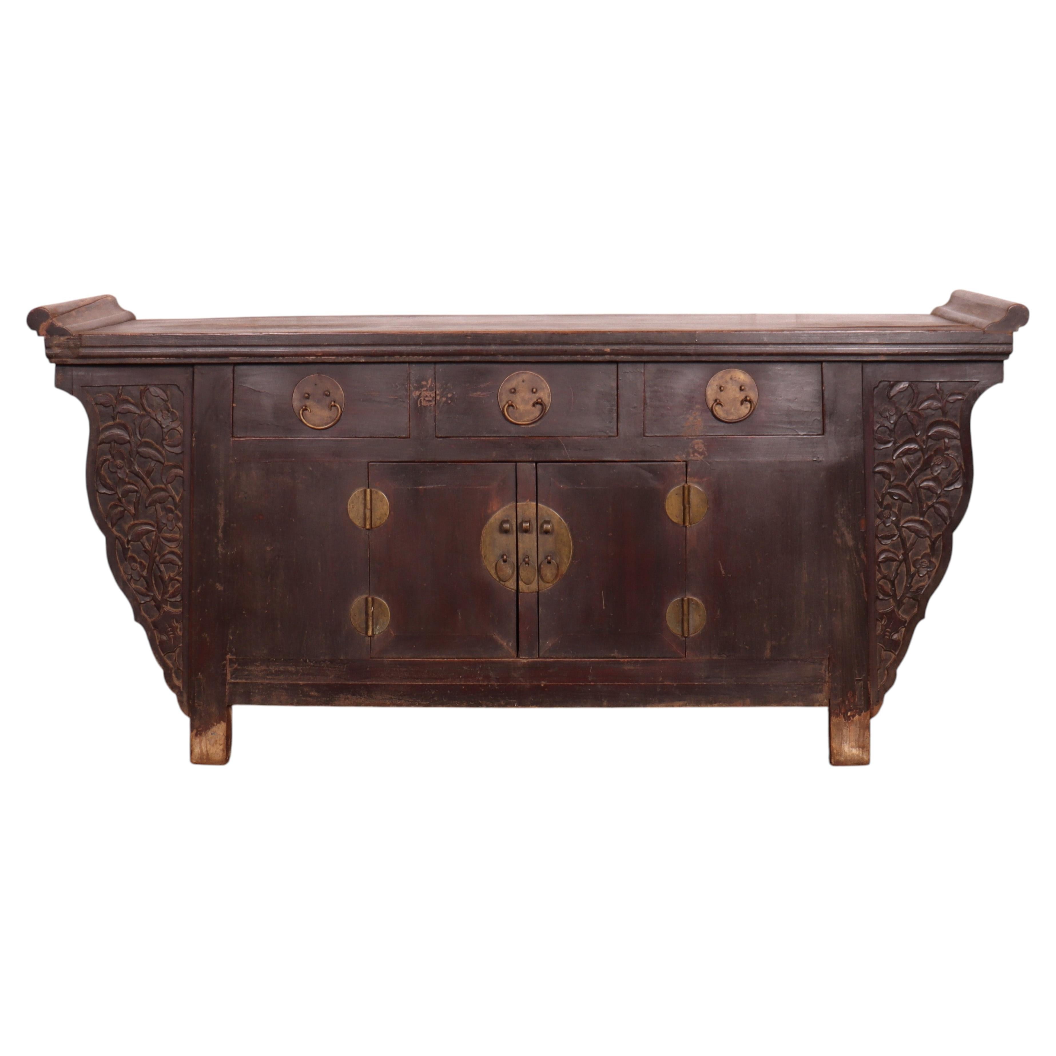 20th Century Chinese Carved Elm Sideboard For Sale