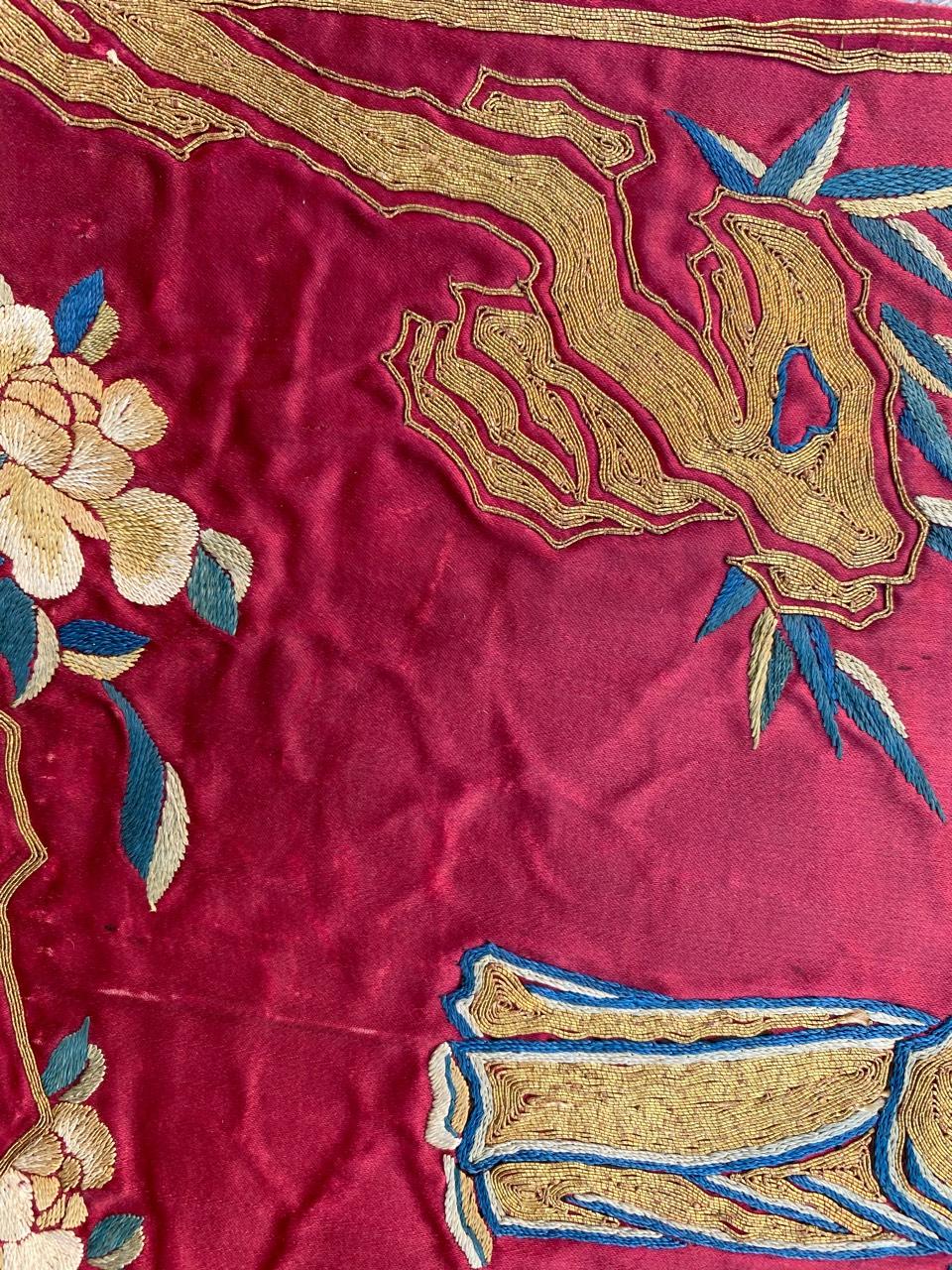 Embroidered Bobyrug’s Antique Chinese Silk and Metal Embroidery For Sale