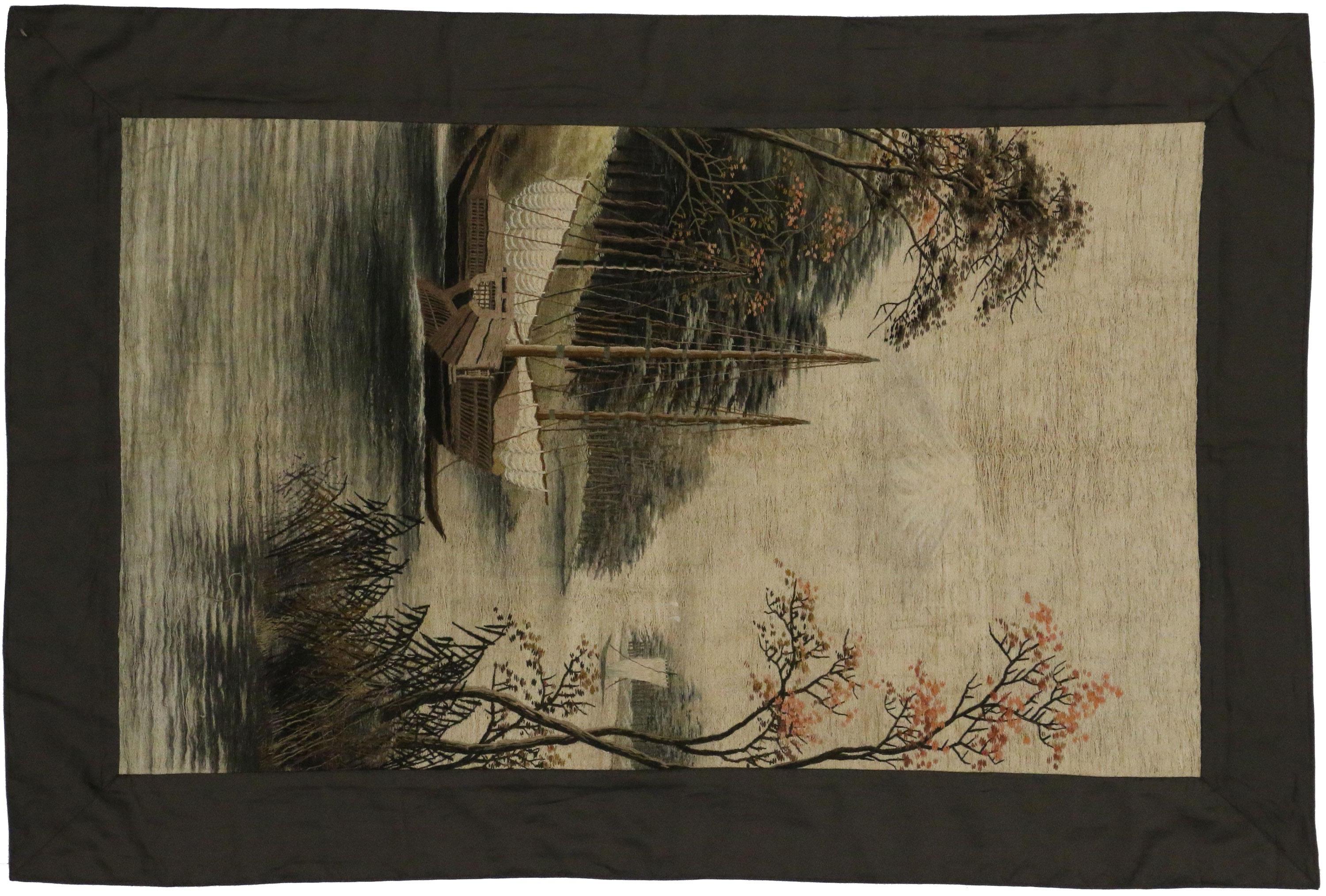 Chippendale chinois Tapisserie chinoise ancienne brodée en soie, tenture murale en vente