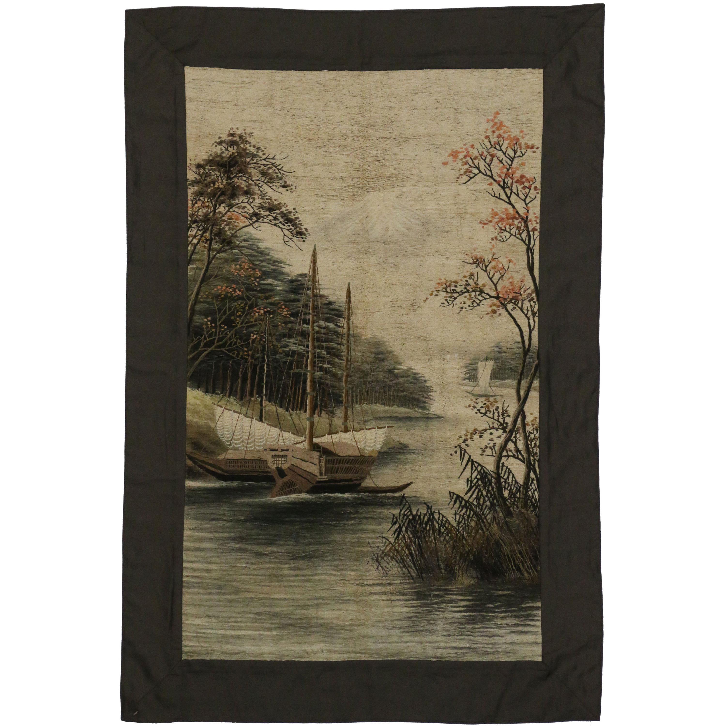 Tapiz antiguo chino bordado en seda, colgante de pared