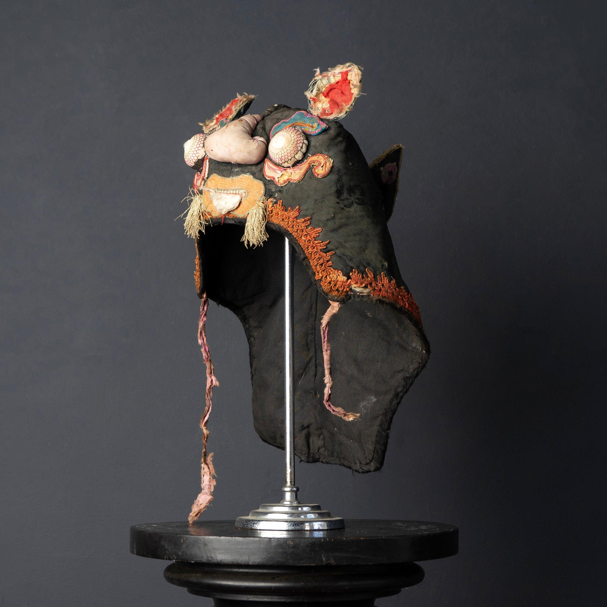 Antique Chinese Silk Embroidered Tiger Hat, 19th Century Textile Cap In Good Condition In Bristol, GB