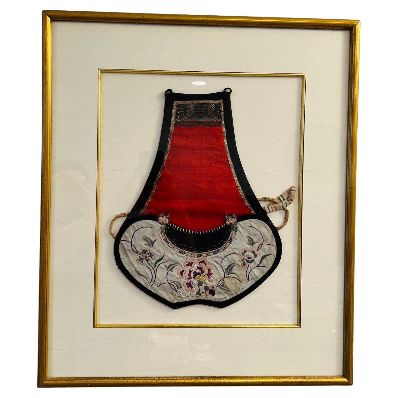 Antique Chinese Silk Embroidery Child's Bib, Cat Motif Qing Dynasty (1644-1911) For Sale
