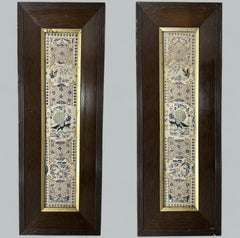 Antique Chinese Silk Embroidery Pair Wall Tapestries Plaque Peacocks Butterflies