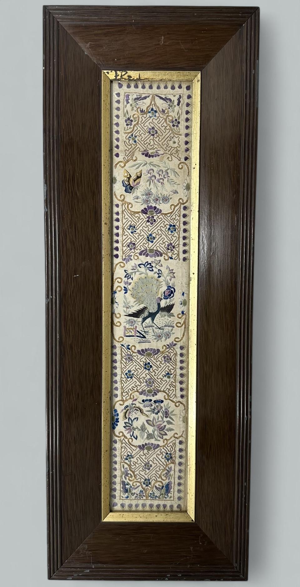 Victorian Antique Chinese Silk Embroidery Pair Wall Tapestries Plaque Peacocks Butterflies