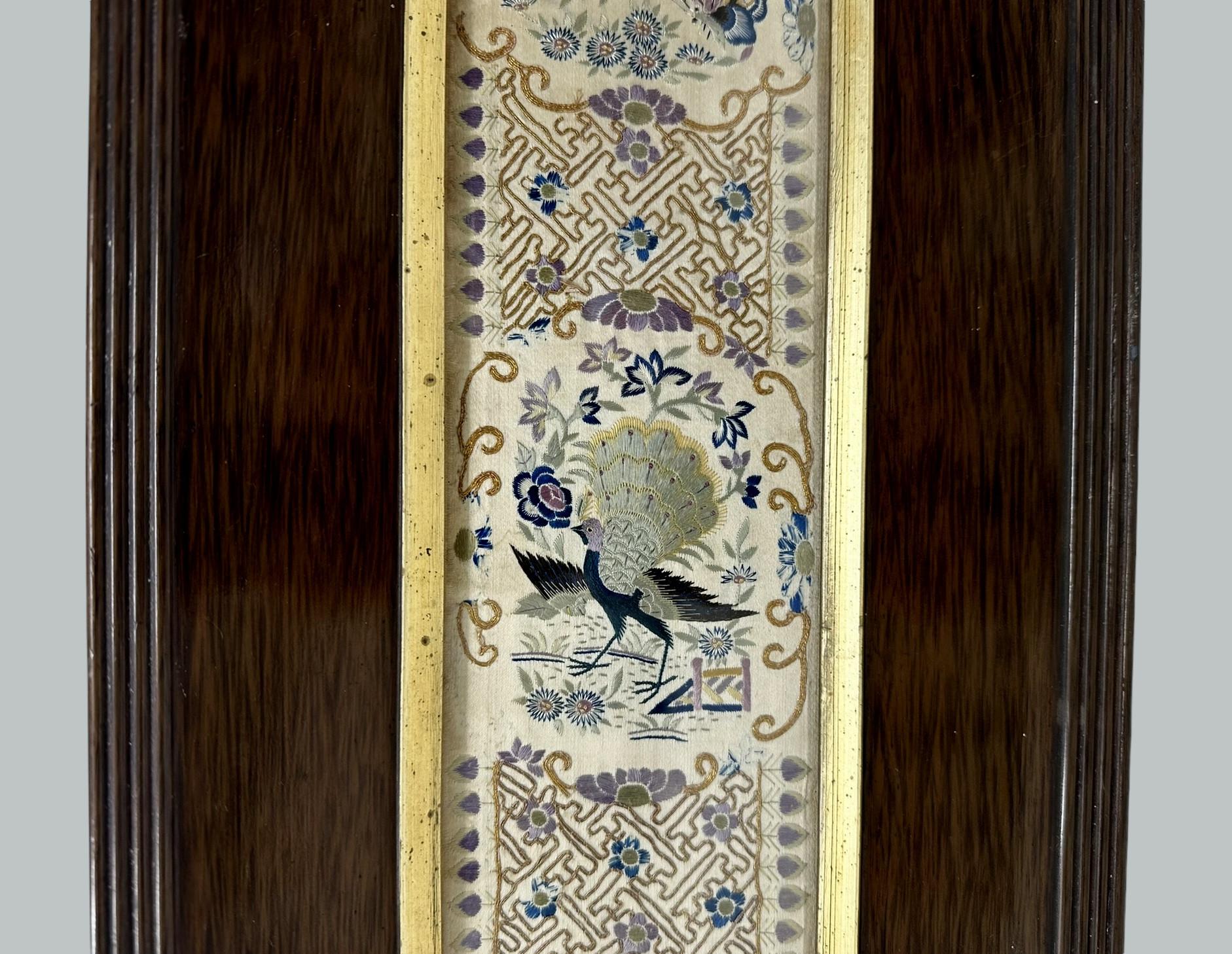 Antique Chinese Silk Embroidery Pair Wall Tapestries Plaque Peacocks Butterflies In Good Condition In Dublin, Ireland