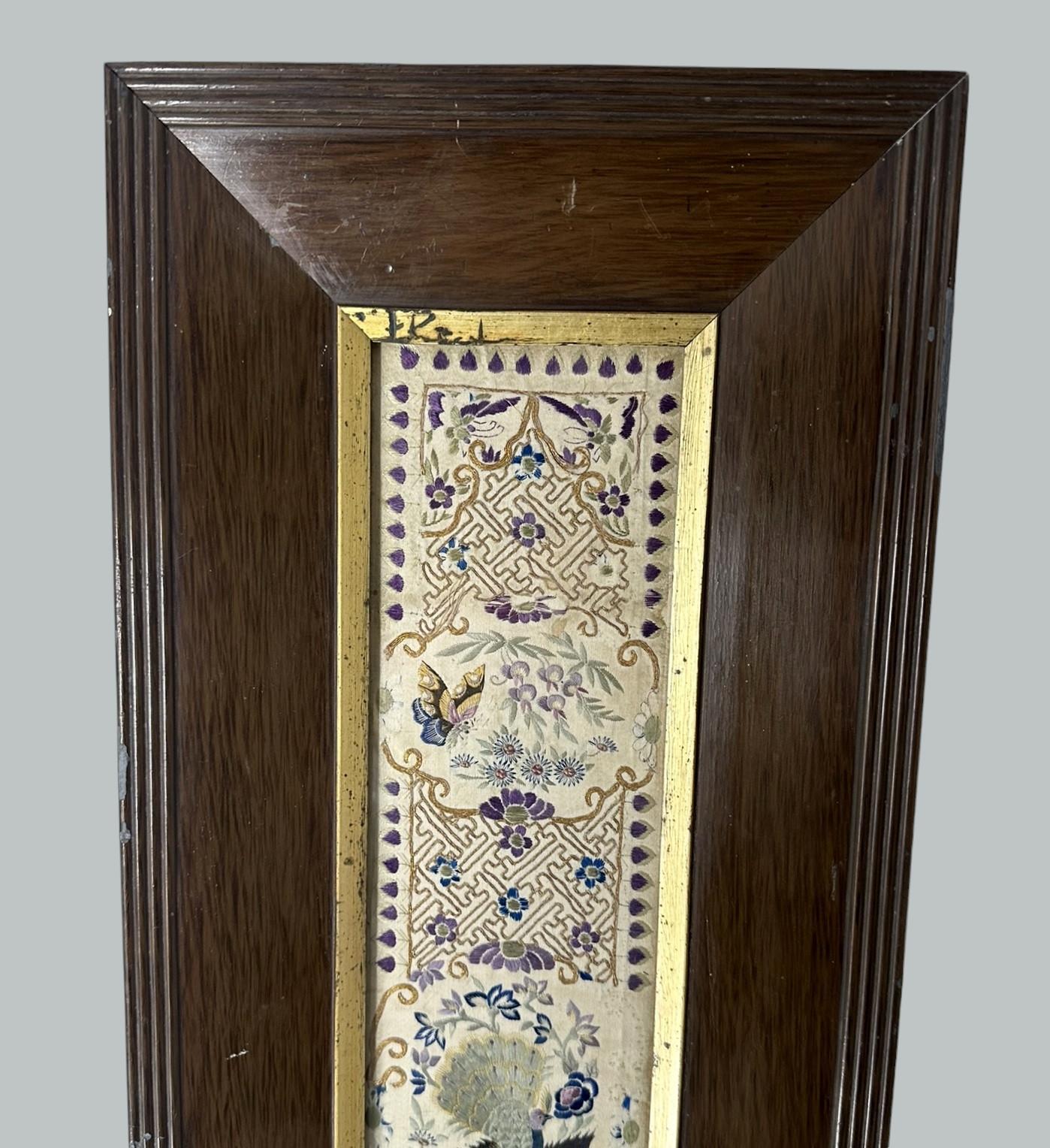 19th Century Antique Chinese Silk Embroidery Pair Wall Tapestries Plaque Peacocks Butterflies