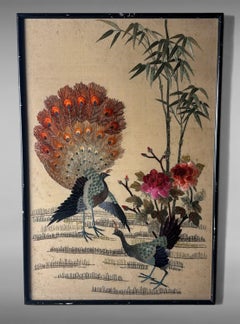 Antique Chinese Silk Embroidery Panel With Peacocks, Peonies, And Bamboo