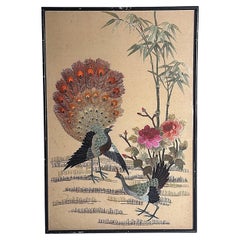 Antique Chinese Silk Embroidery Panel With Peacocks, Peonies, And Bamboo