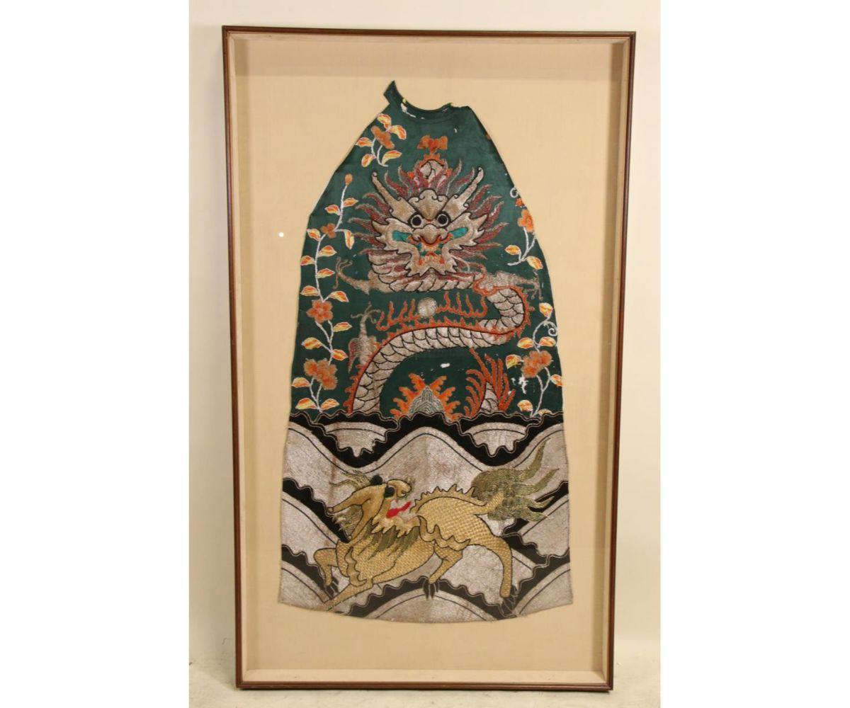 Antique Chinese Silk Robe Fragment with Dragon and Dog In Fair Condition For Sale In Austin, TX