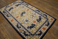 1920s Ivory Navy Blue Colorful Antique Chinese Silk Carpet 4' x 7' Foo Dog Rug