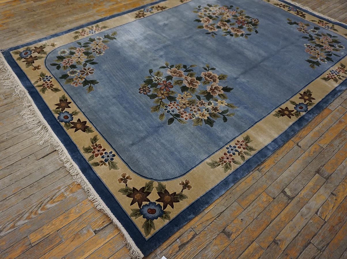 Hand-Knotted Vintage 1980s Silk Chinese Art Deco Style Silk Carpet ( 6'2