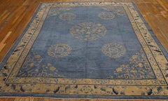 1930s Blue Floral Qing Antique Chinese Silk Rug 8'2"x9'4" Knotted Pile Carpet