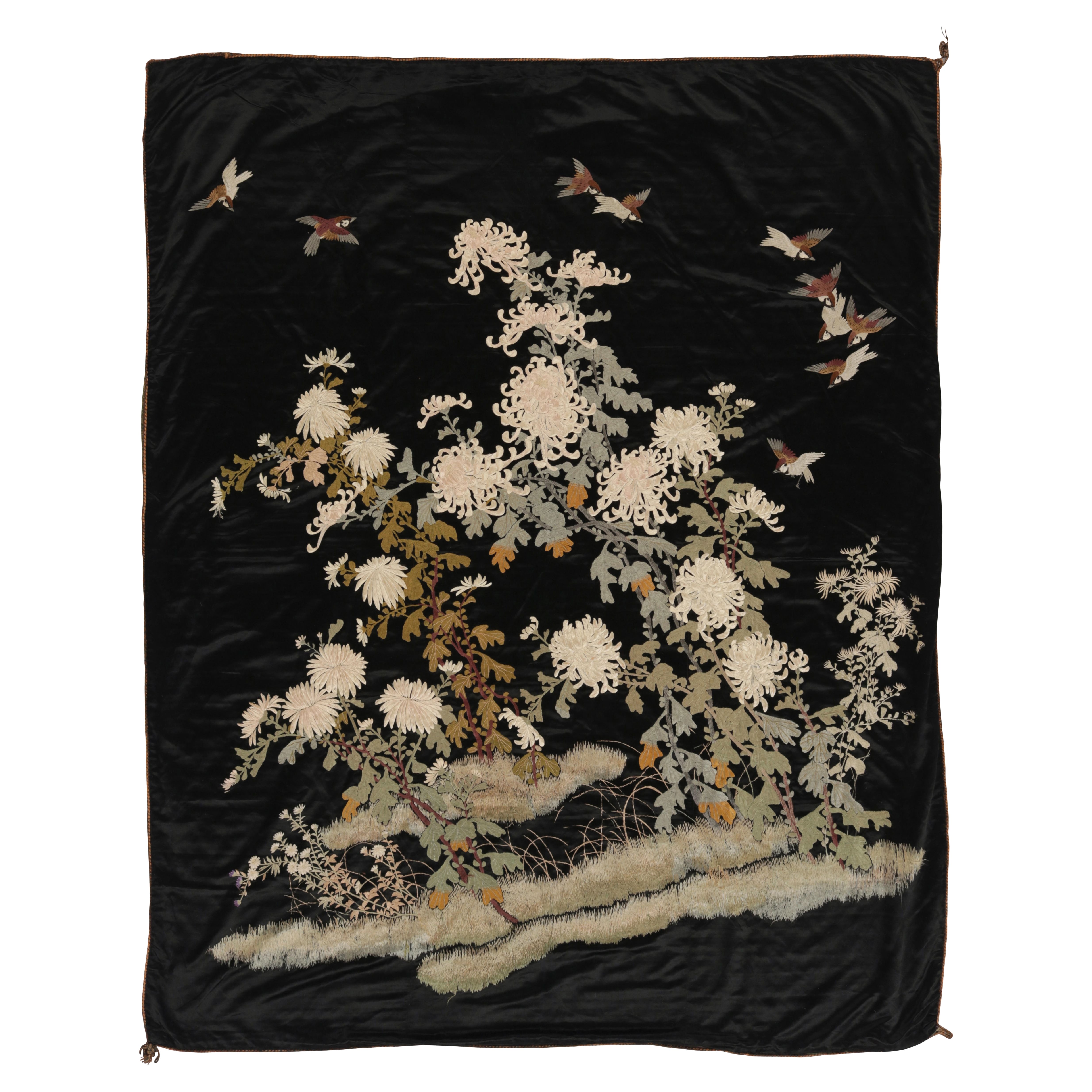 Antique Chinese Silk Tapestry, Elegant Florals and Birds on Black - Rug 
Kilim For Sale