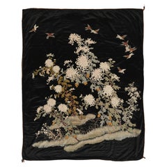 Antique Chinese Silk Tapestry, Elegant Florals and Birds on Black - Rug & Kilim Antique Chinese Silk Tapestry, Elegant Florals and Birds on Black - Rug & Kilim