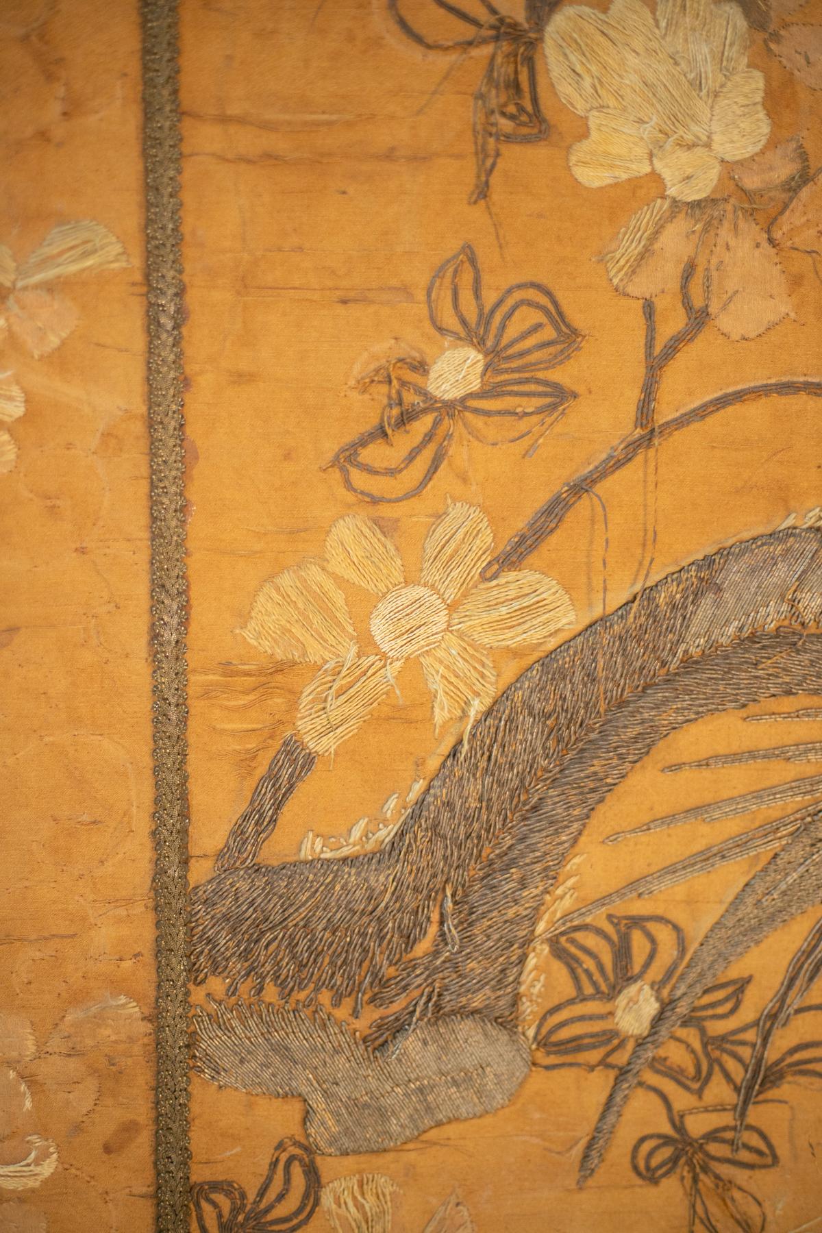 Chinese Export Antique Chinese Silk Tapestry of Birds among Cherry Blossoms, Hand-Woven