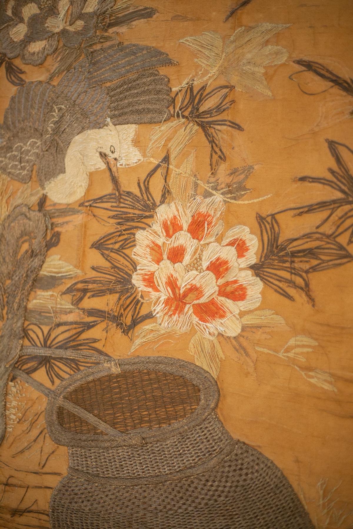 20th Century Antique Chinese Silk Tapestry of Birds among Cherry Blossoms, Hand-Woven