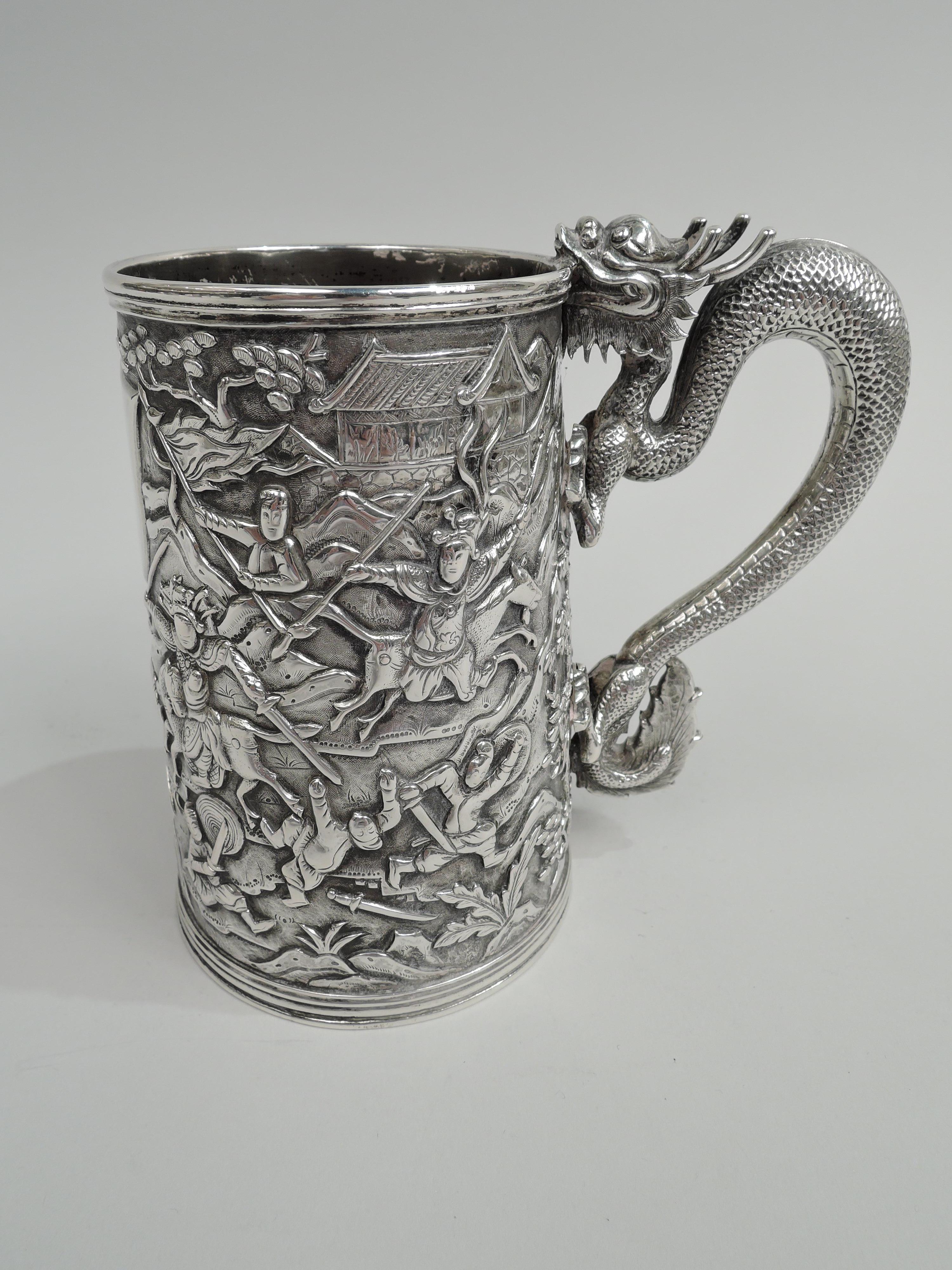 Chinese Export Antique Chinese Silver Battle Mug with Dramatic Dragon Handle For Sale