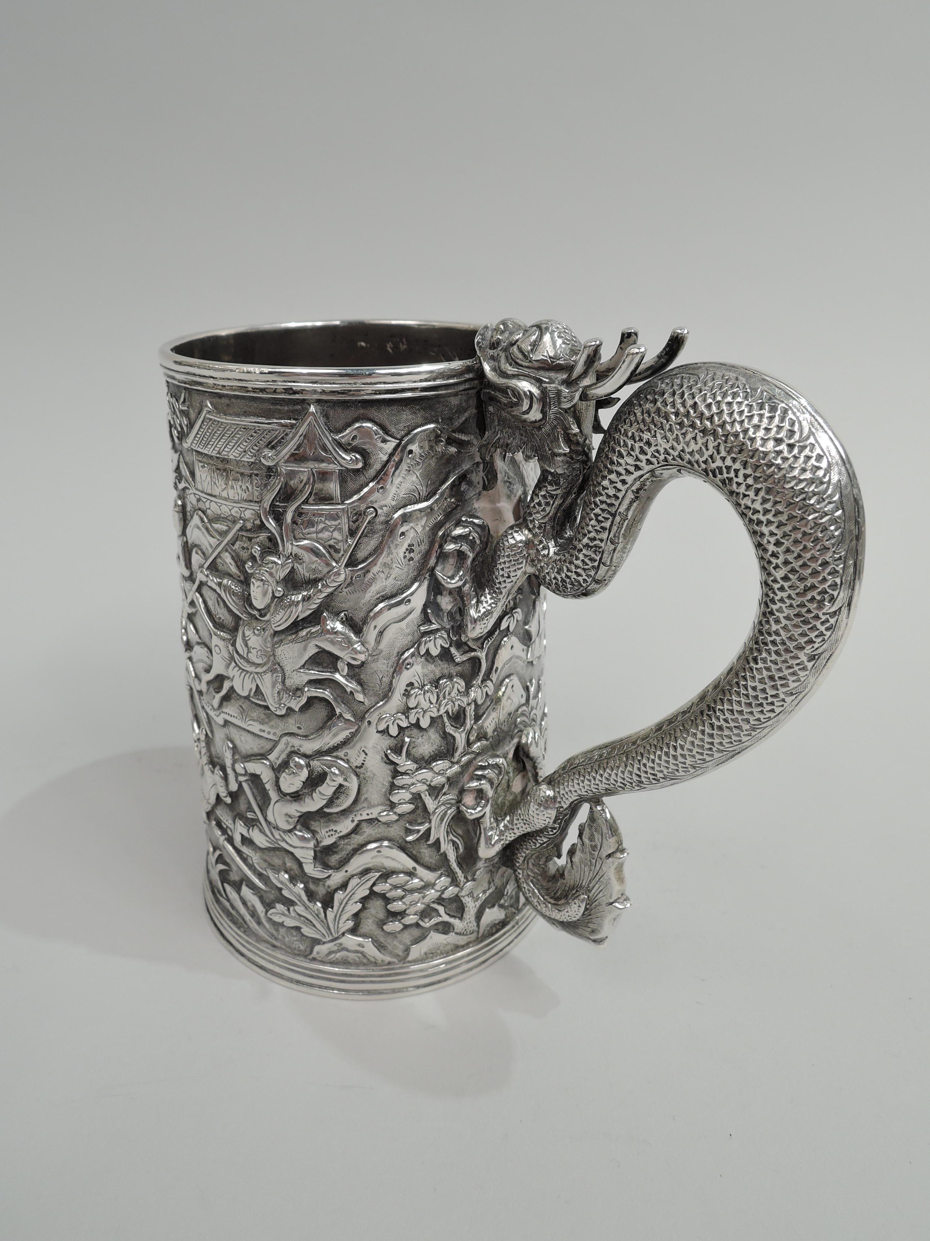 Antique Chinese Silver Battle Mug with Dramatic Dragon Handle In Good Condition For Sale In New York, NY