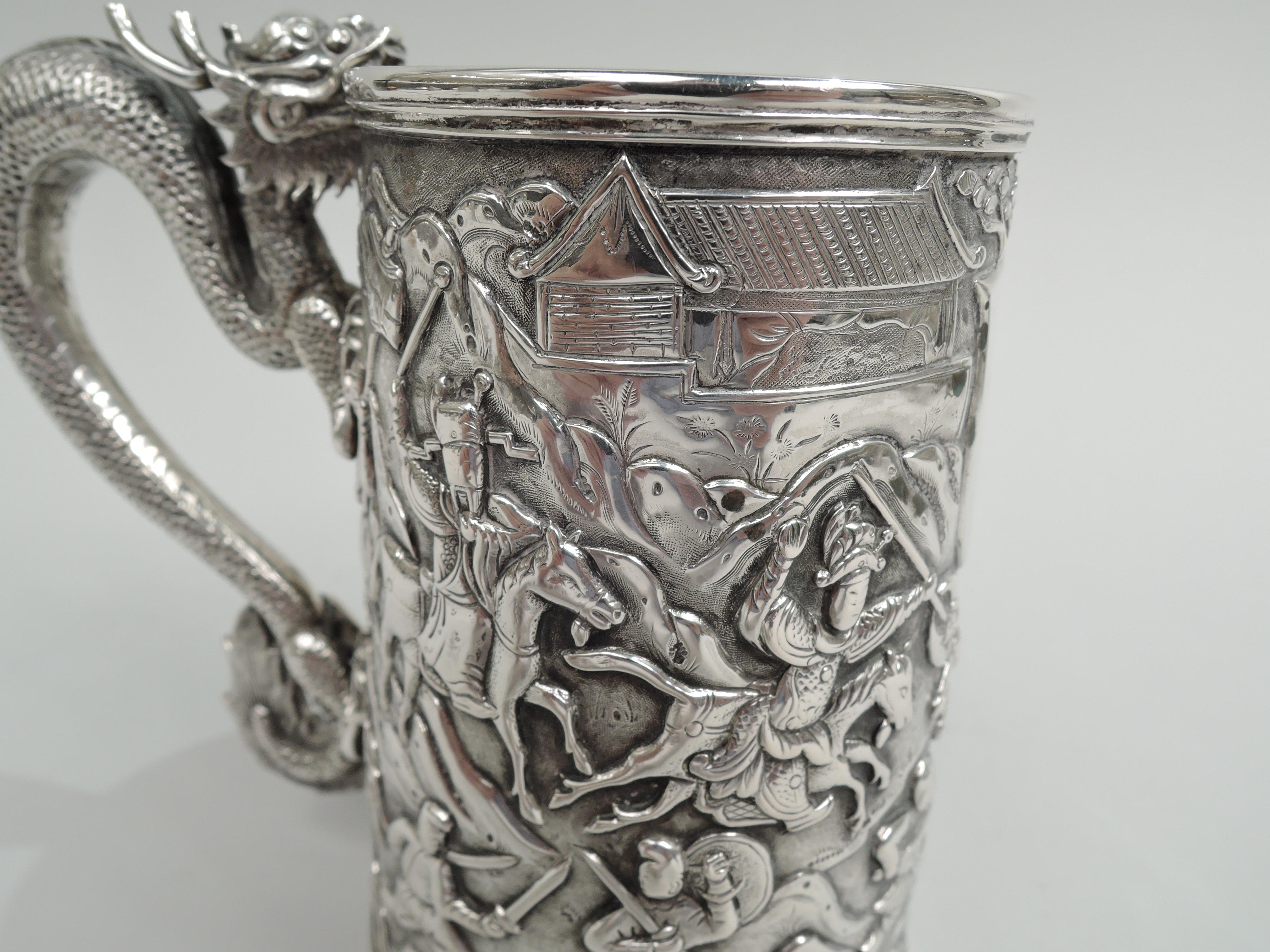 Antique Chinese Silver Battle Mug with Dramatic Dragon Handle For Sale 1