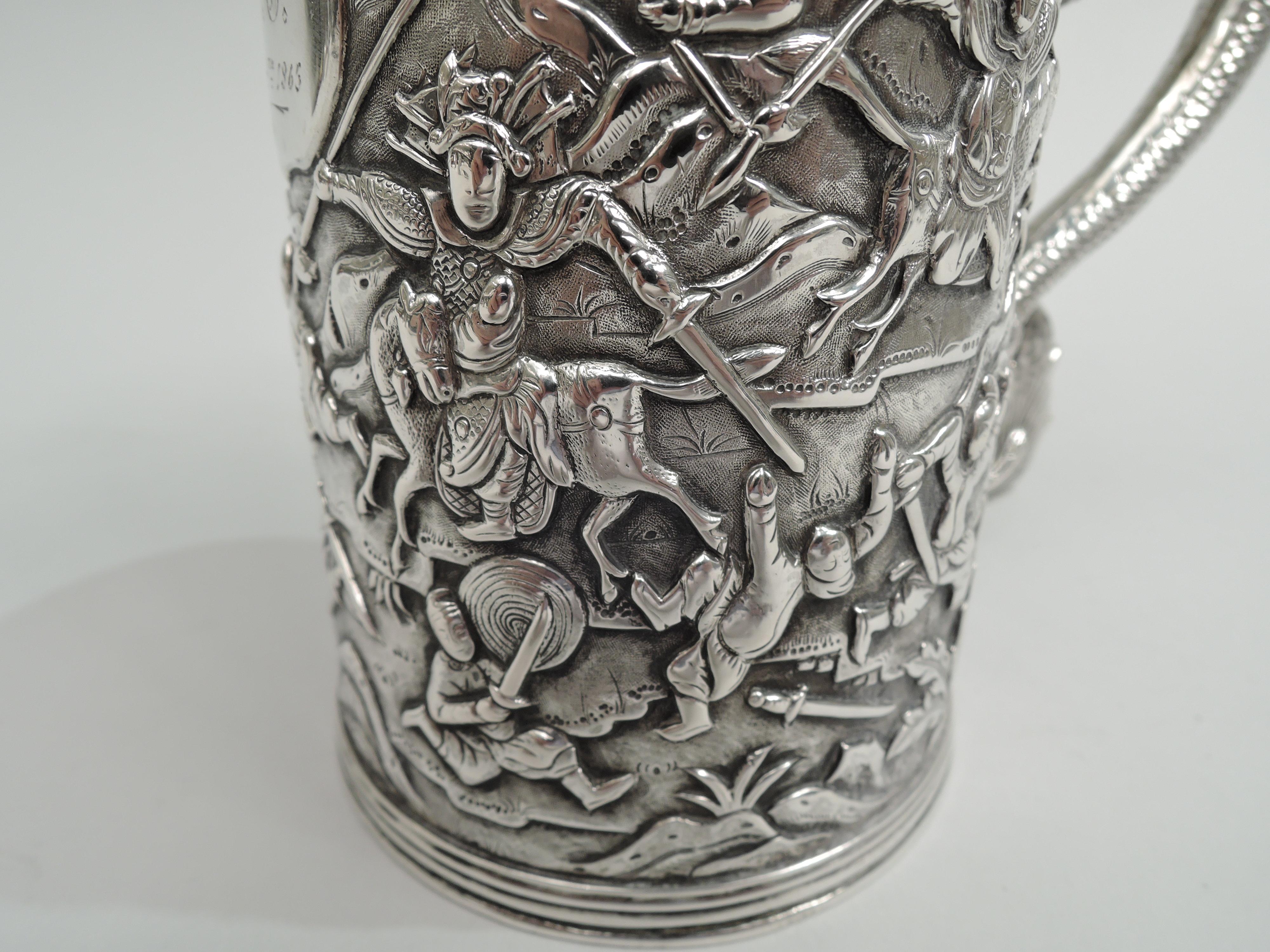 Antique Chinese Silver Battle Mug with Dramatic Dragon Handle For Sale 3