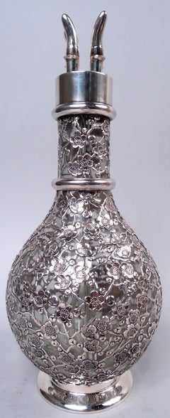 Antique Chinese Silver Blossoming Branch 4-Part Glass Decanter