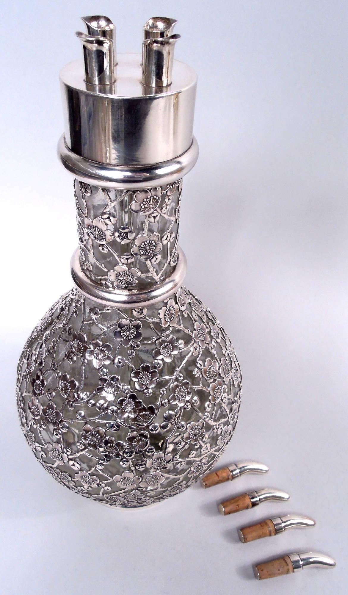 Chinese Export Antique Chinese Silver Blossoming Branch 4-Part Glass Decanter For Sale