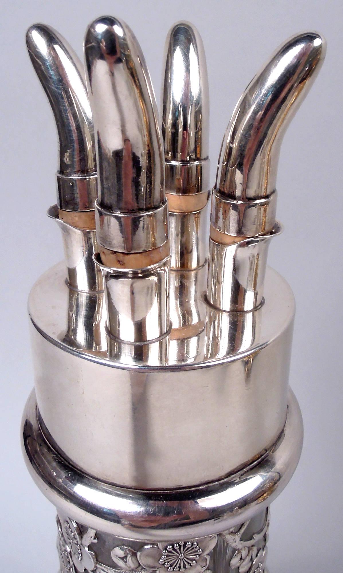 Antique Chinese Silver Blossoming Branch 4-Part Glass Decanter In Good Condition For Sale In New York, NY